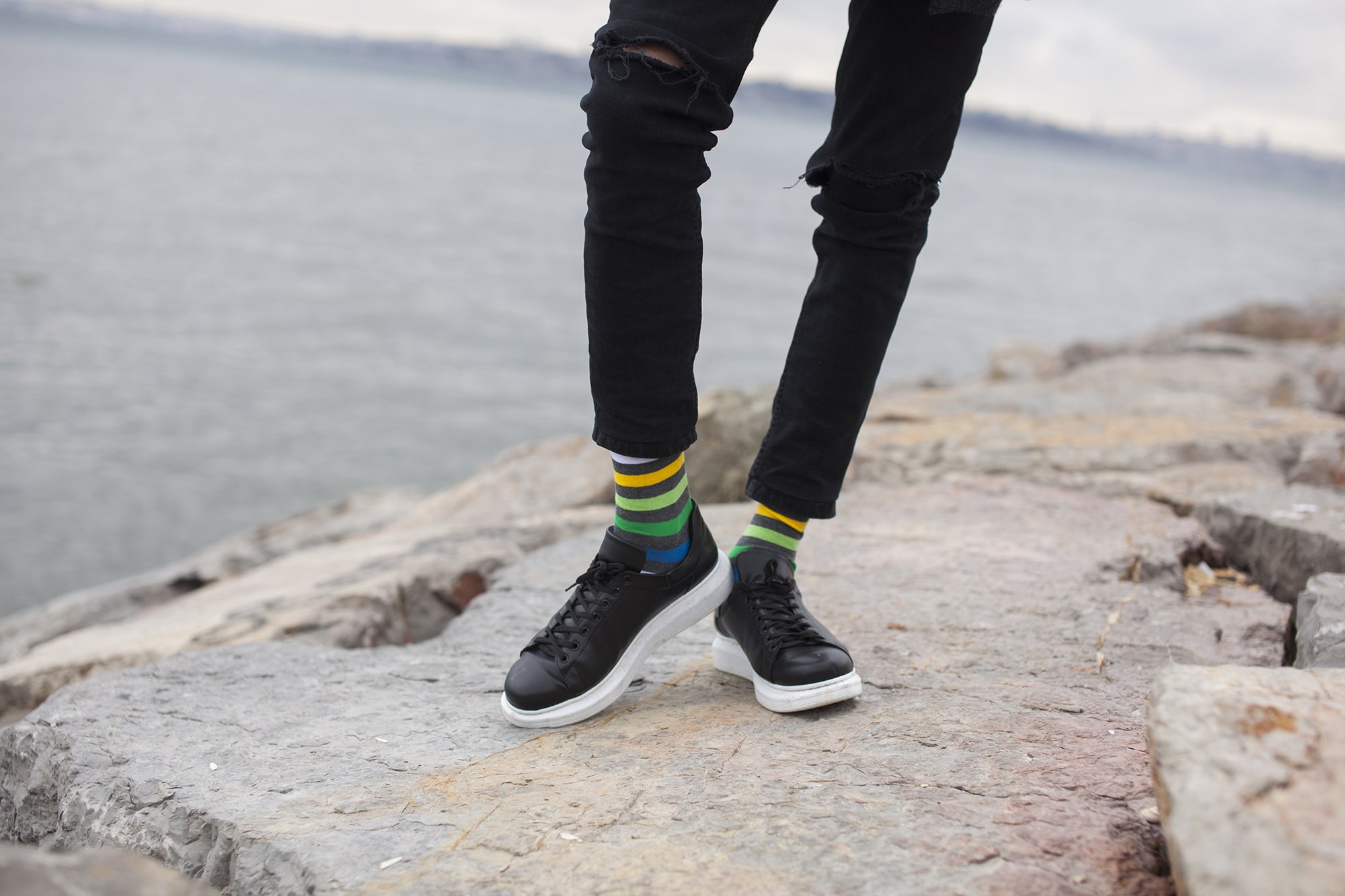 Men's Grey Emerald Stripe Socks featuring a stylish design with vibrant colors and a comfortable fit.