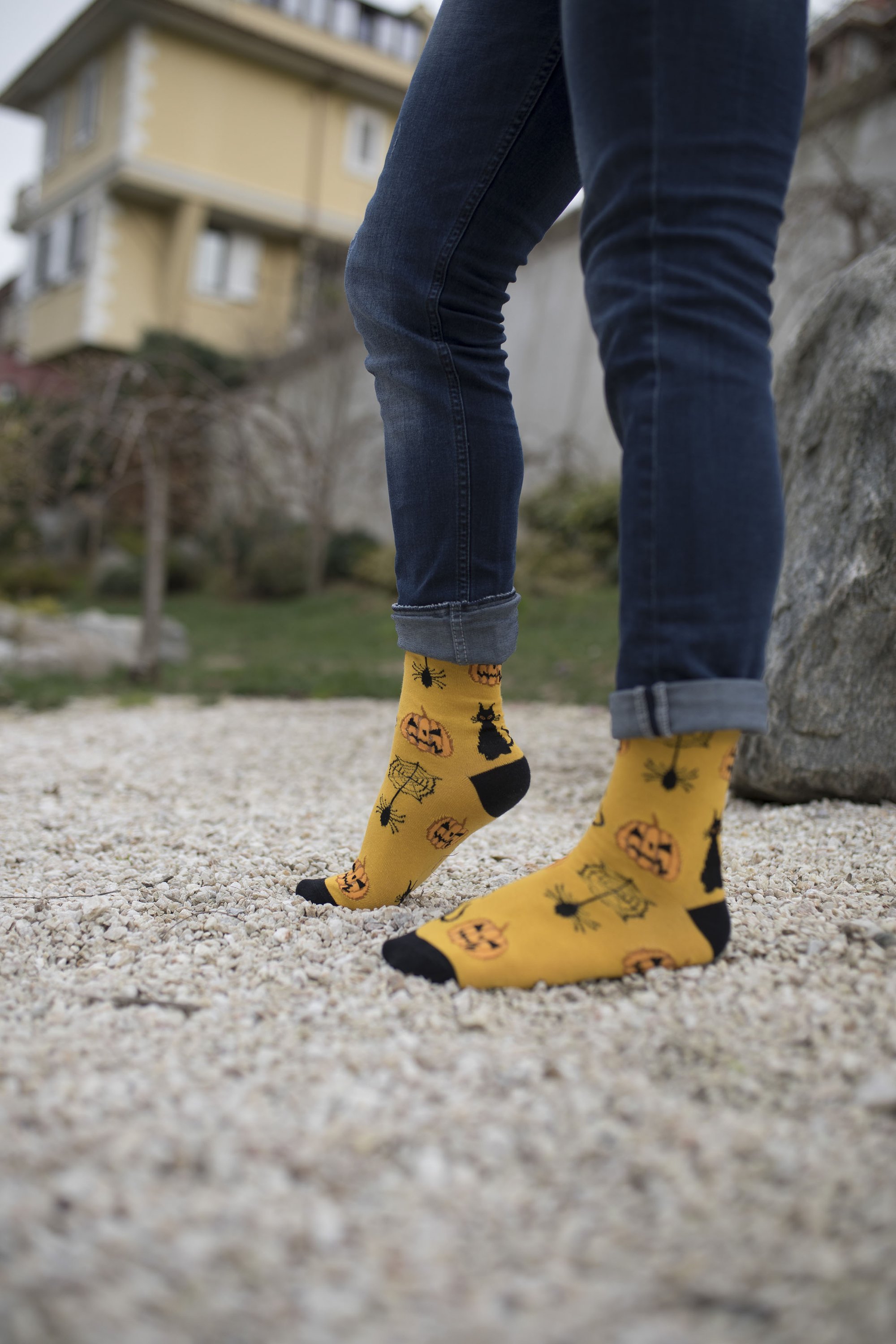 Men's Jack-O'-Lantern Socks featuring a vibrant pumpkin design, made from soft combed cotton for comfort.