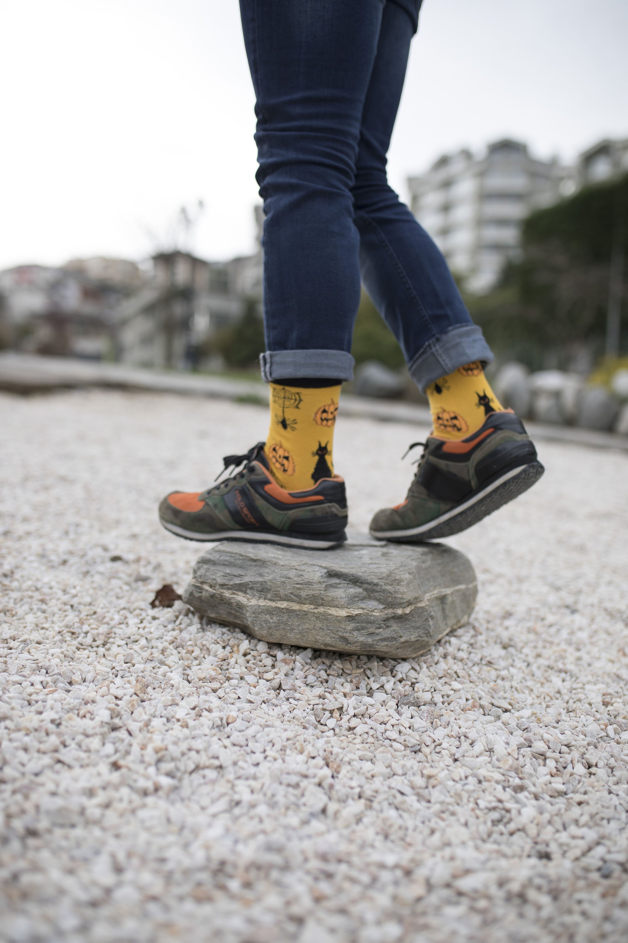 Men's Jack-O'-Lantern Socks featuring a vibrant pumpkin design, made from soft combed cotton for comfort.