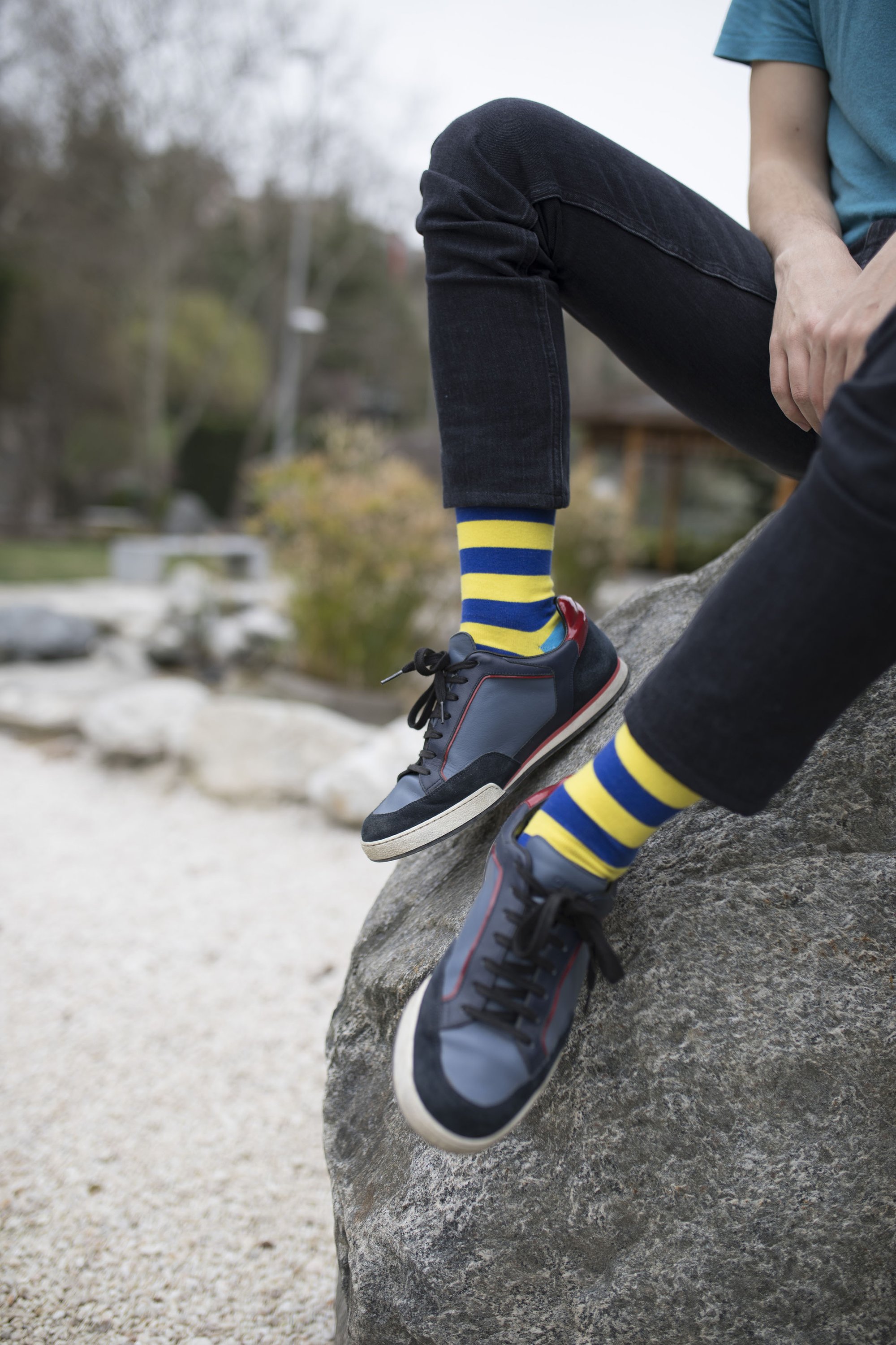 Men's Lemon Sky Stripe Socks featuring a vibrant lemon sky pattern, made from soft combed cotton for comfort.