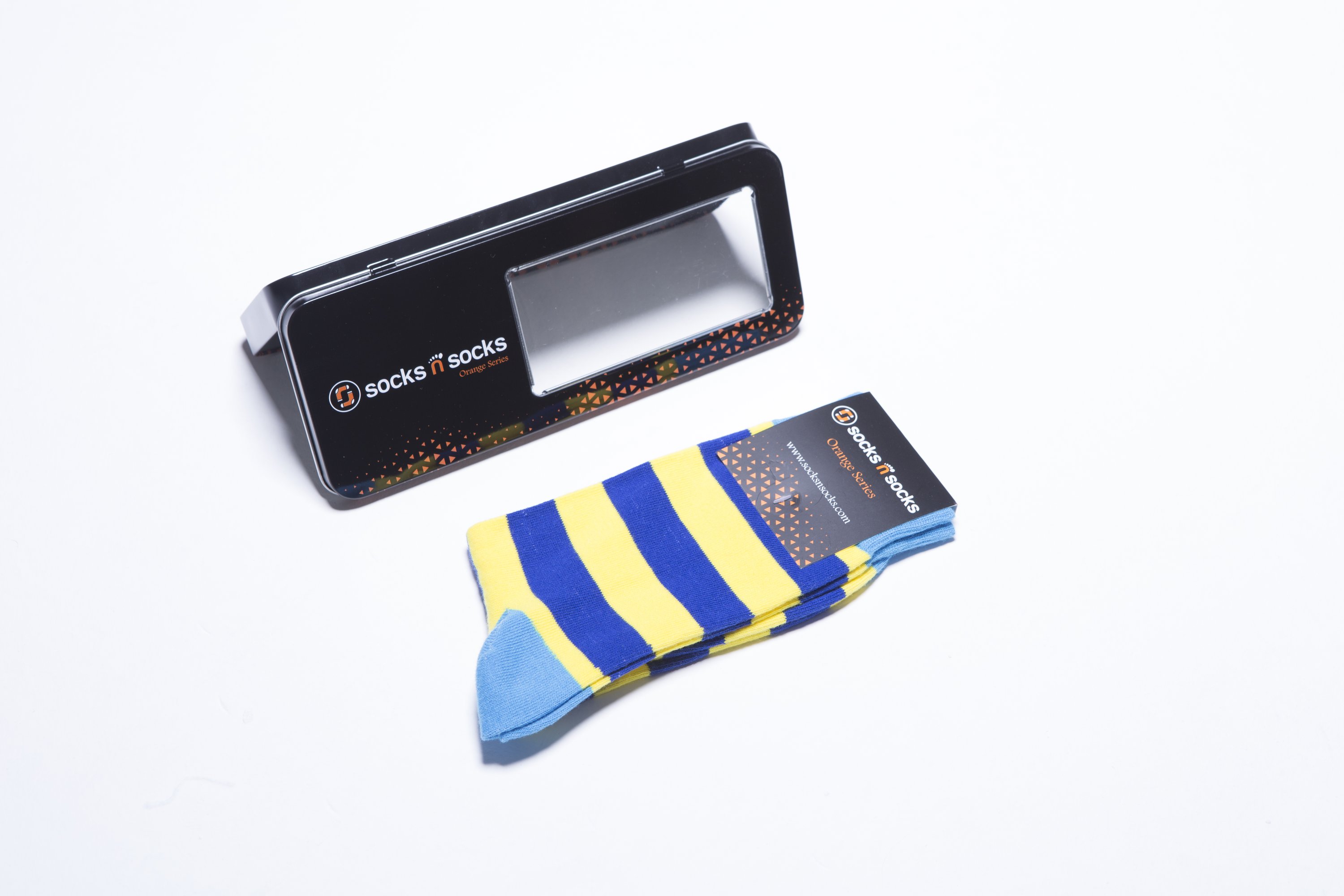 Men's Lemon Sky Stripe Socks featuring a vibrant lemon sky pattern, made from soft combed cotton for comfort.