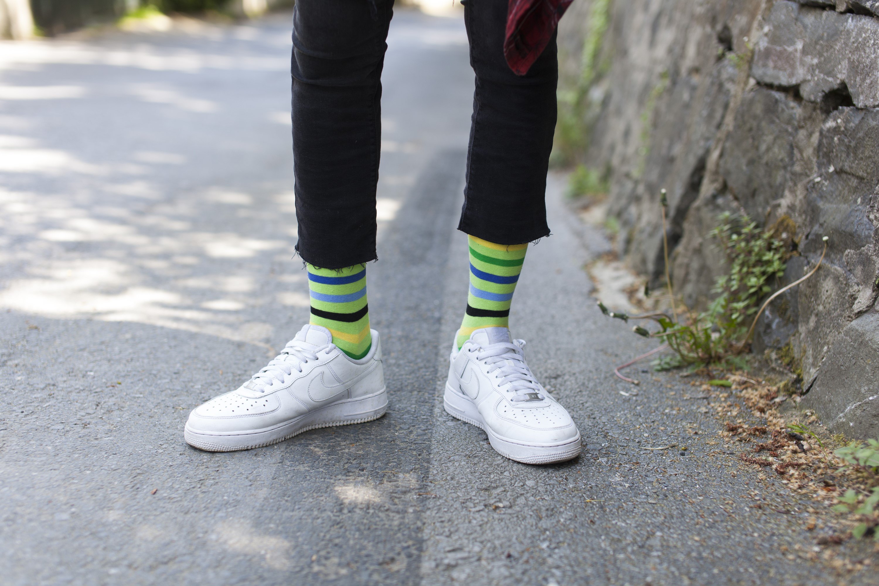 Men's Lime Stripe Socks featuring vibrant lime green stripes on a soft cotton blend fabric, perfect for adding style to any outfit.