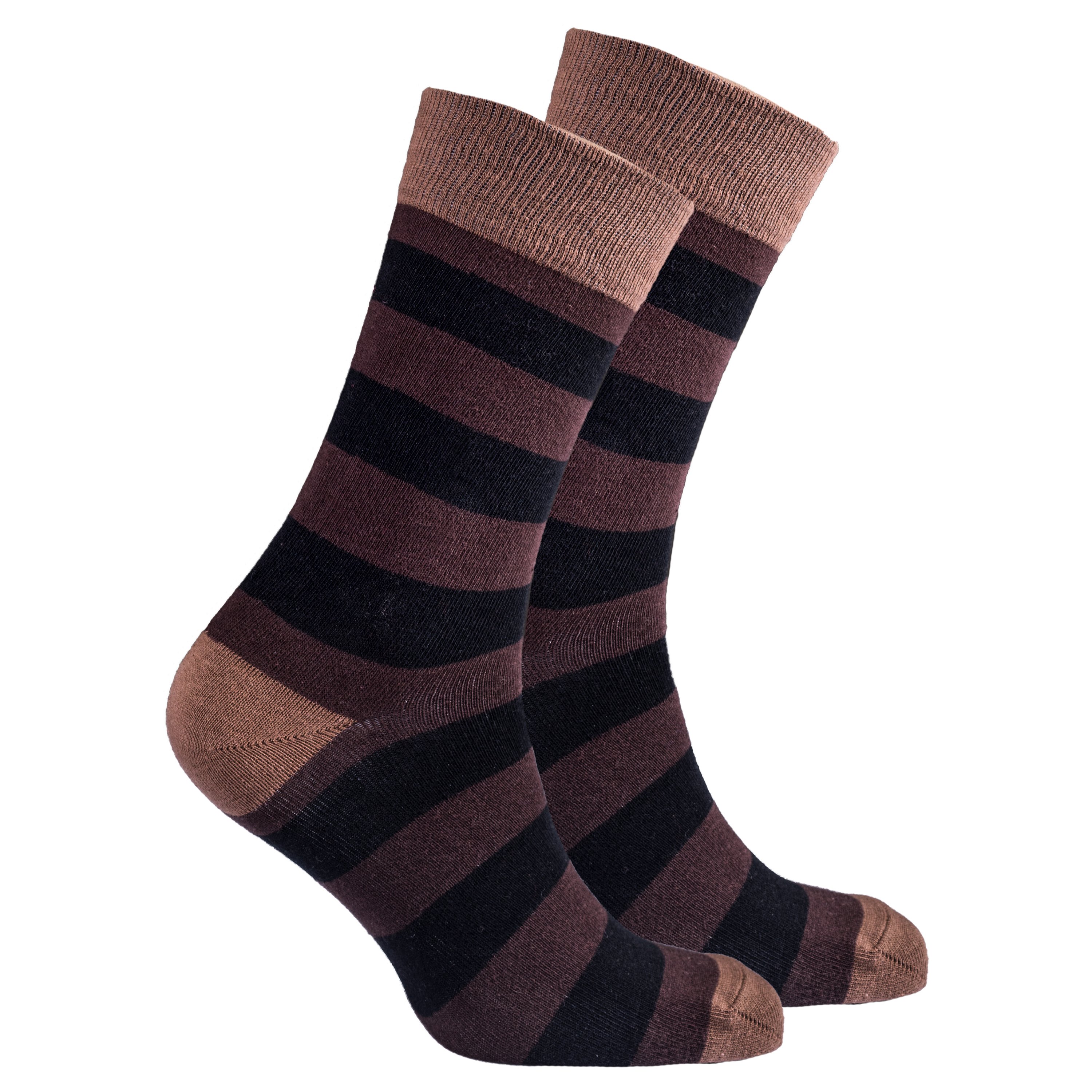 Men's Mocha Stripe Socks featuring colorful patterns and soft fabric for comfort.