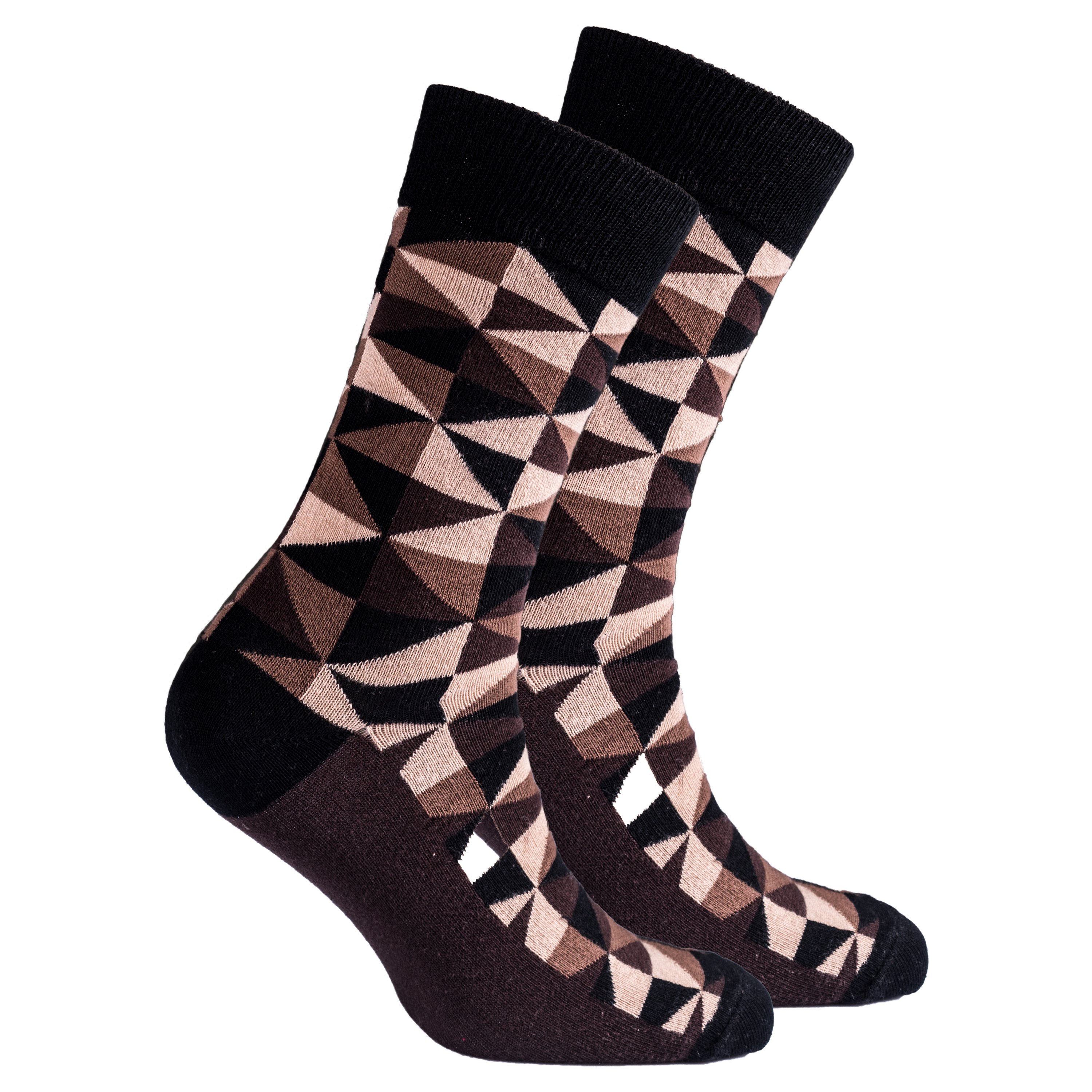 Men's Mocha Triangles Socks featuring a trendy design with mocha-colored triangles on a soft cotton fabric.