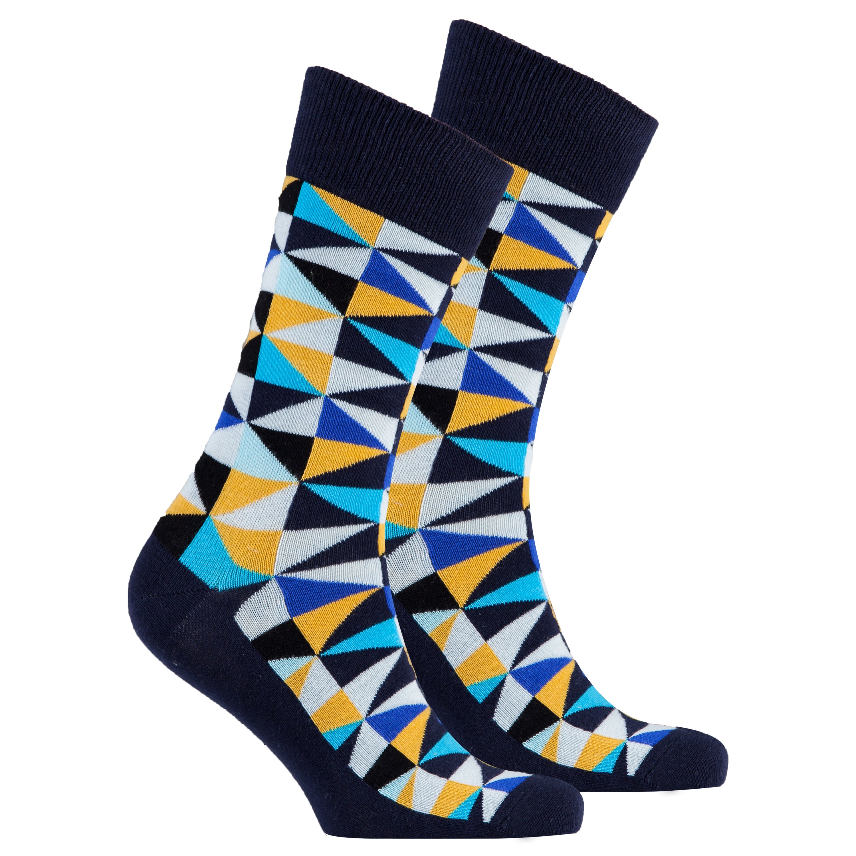 Men's Navy Triangle Socks featuring a vibrant triangle pattern, made from soft Turkish cotton for comfort and style.