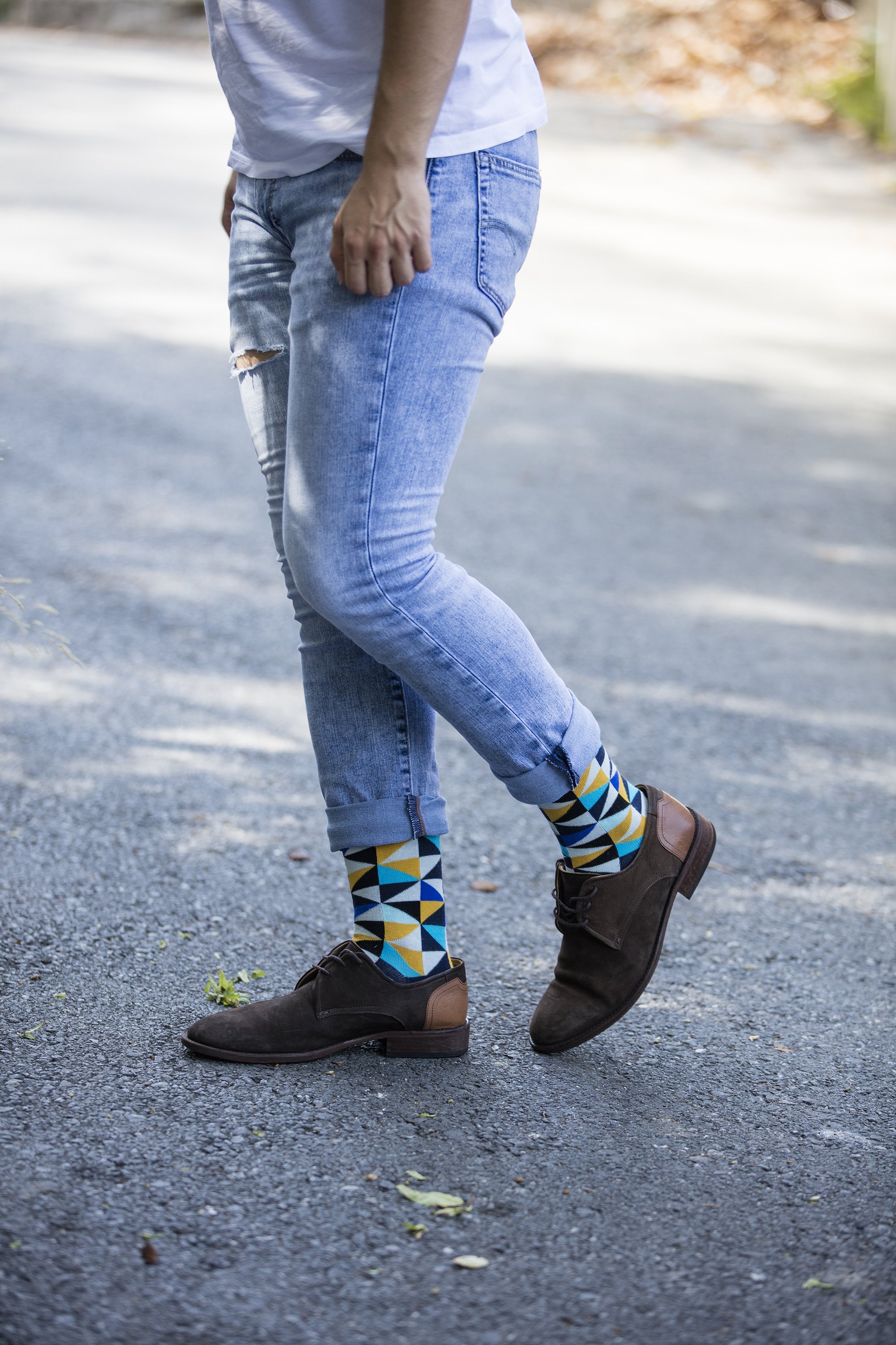 Men's Navy Triangle Socks featuring a vibrant triangle pattern, made from soft Turkish cotton for comfort and style.