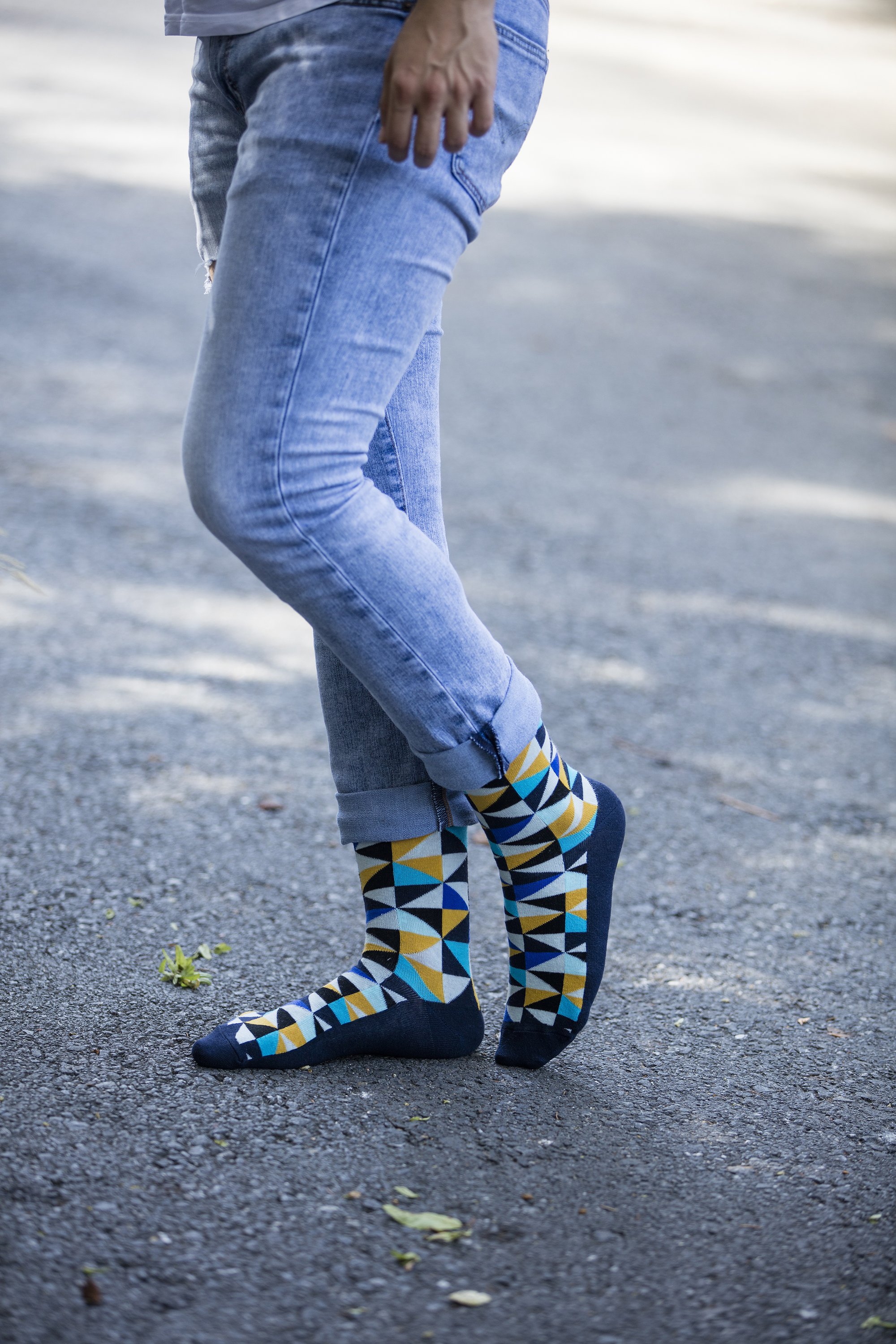 Men's Navy Triangle Socks featuring a vibrant triangle pattern, made from soft Turkish cotton for comfort and style.