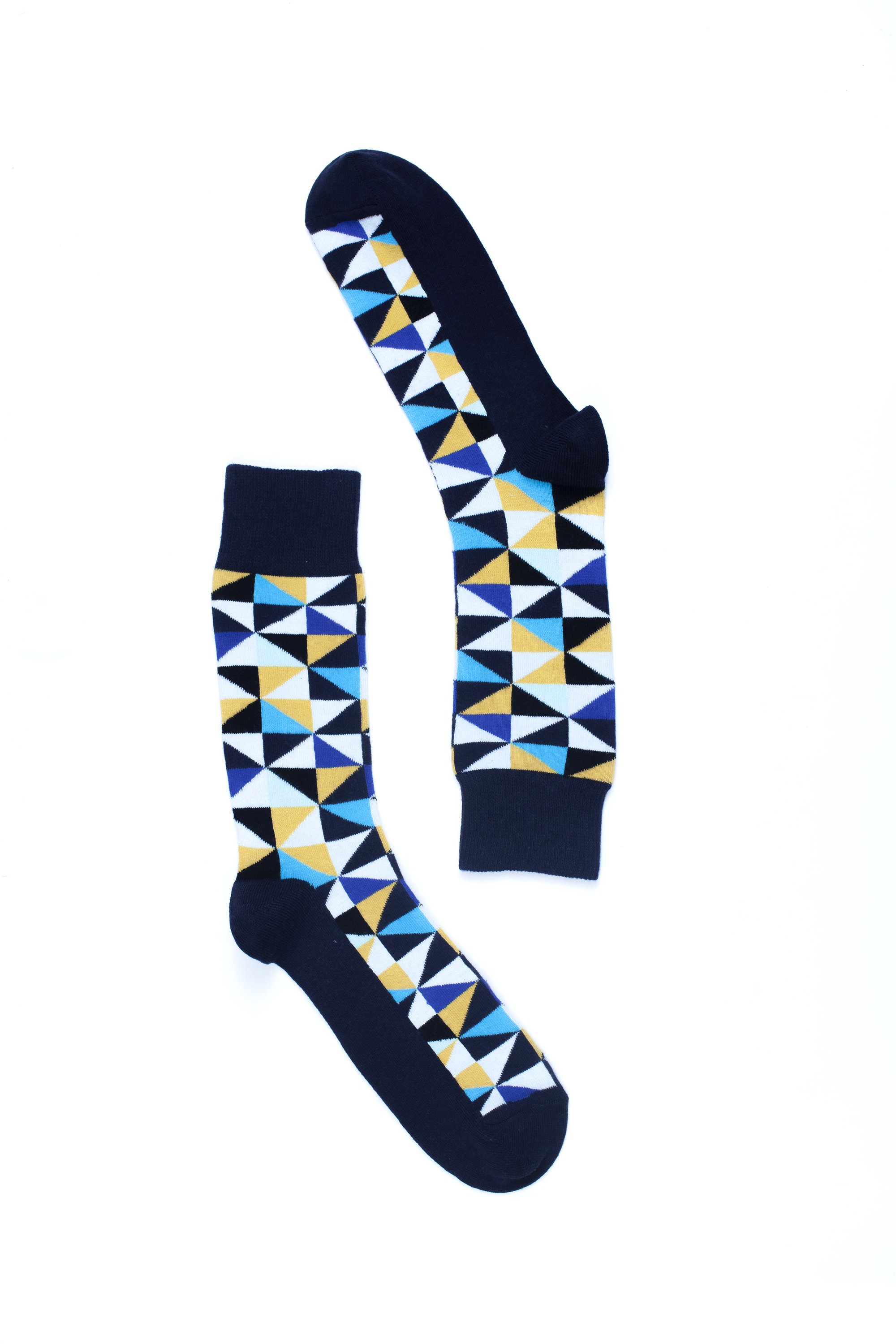 Men's Navy Triangle Socks featuring a vibrant triangle pattern, made from soft Turkish cotton for comfort and style.