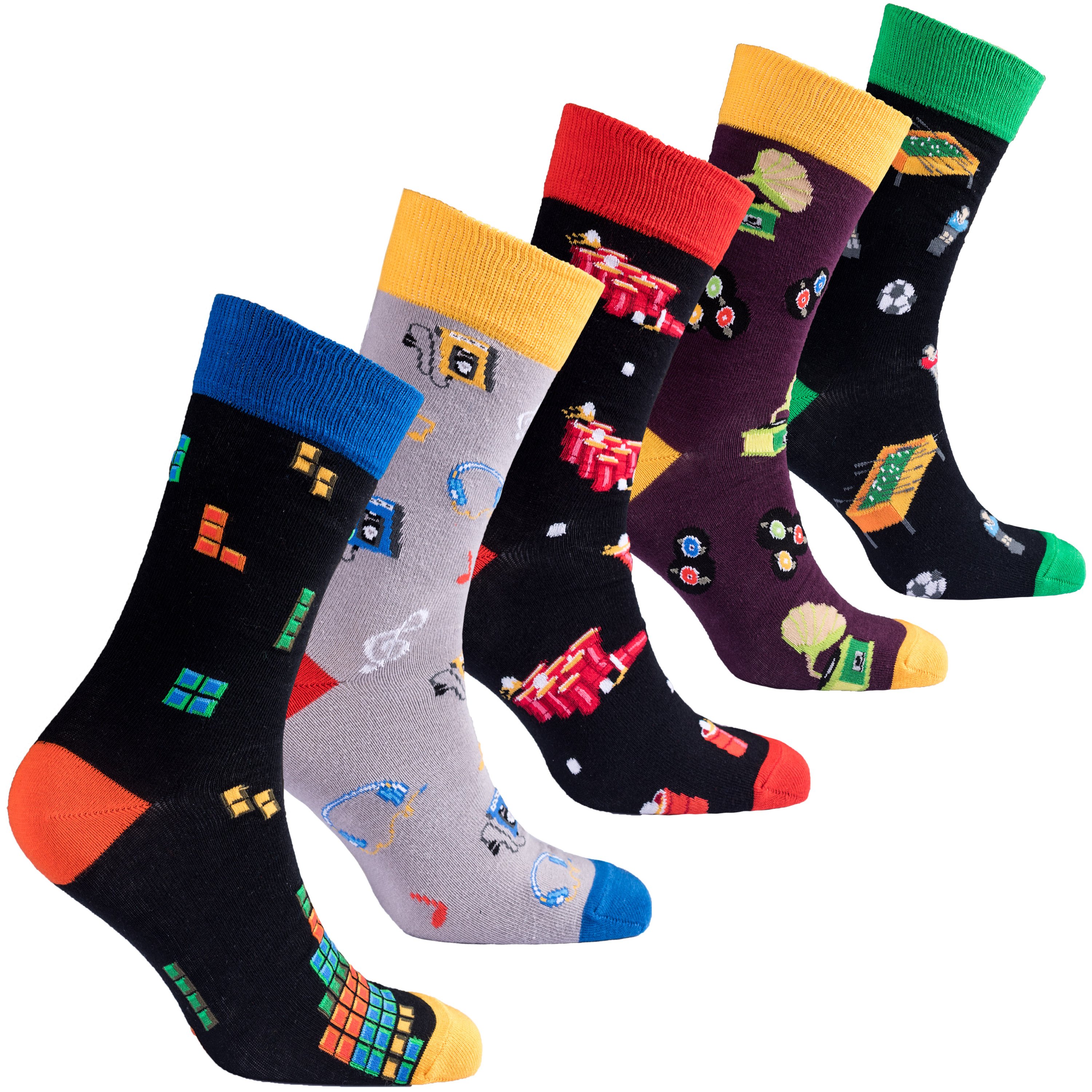 A collection of colorful Men's Old School Socks displayed in a luxurious gift box, showcasing their trendy patterns and soft fabric.