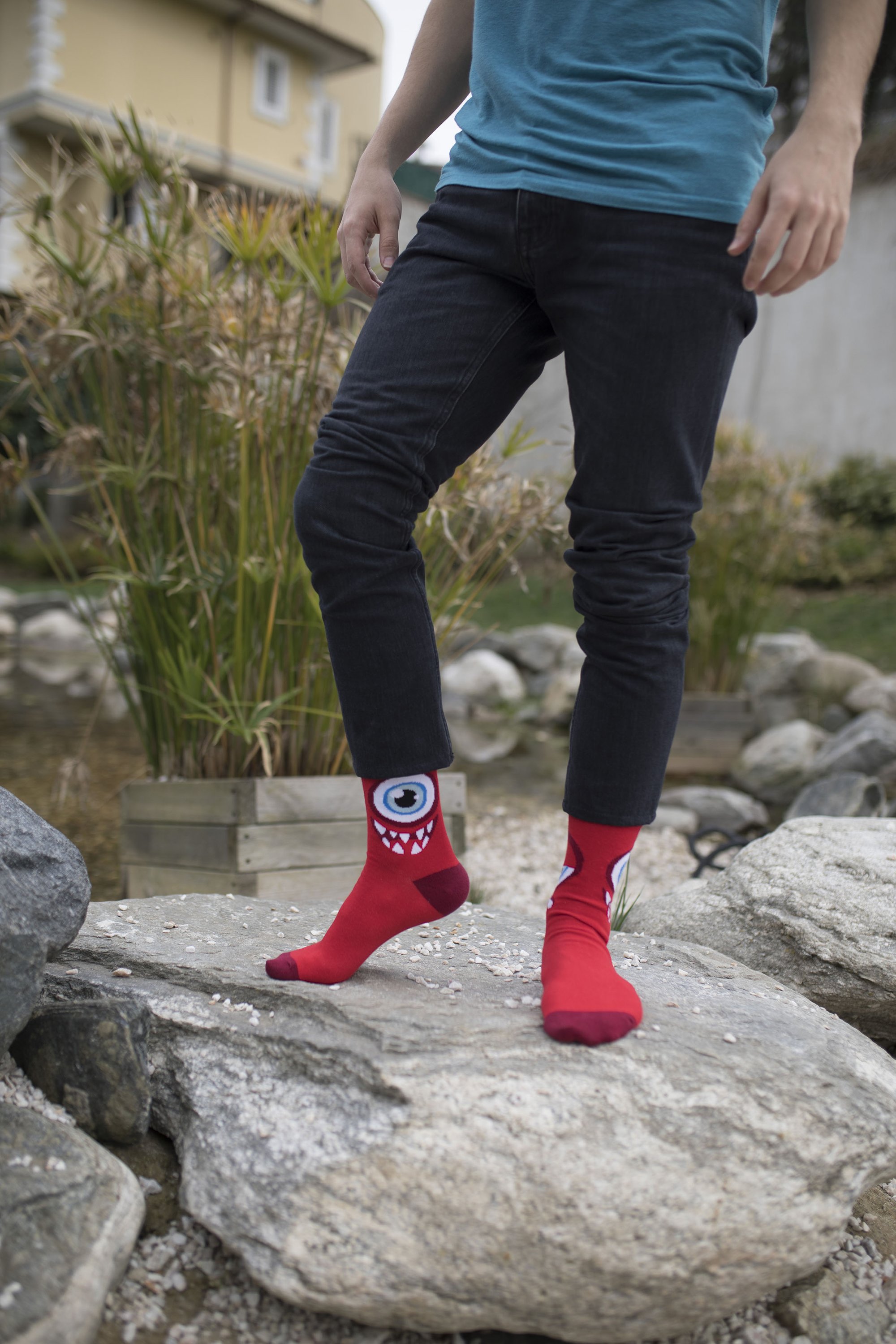 Men's One Eye Monster Socks featuring a playful one-eye design, made from soft combed cotton for comfort.