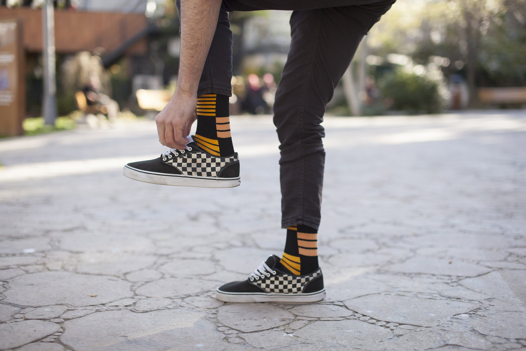 Men's orange stripe socks made from soft Turkish cotton, featuring a trendy design for comfort and style.