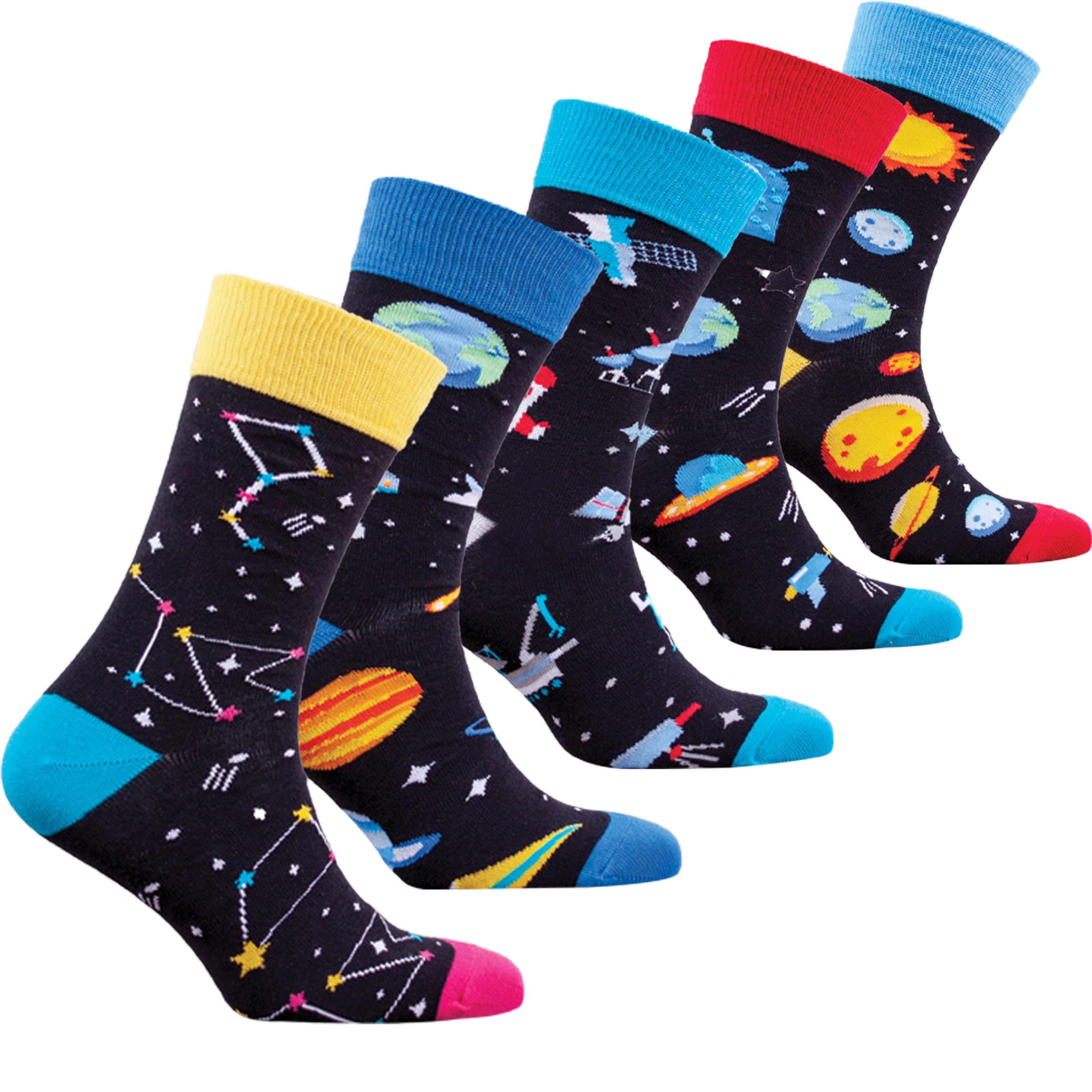 Men's Outer Space Socks featuring colorful designs and premium cotton material, perfect for adding style to any outfit.