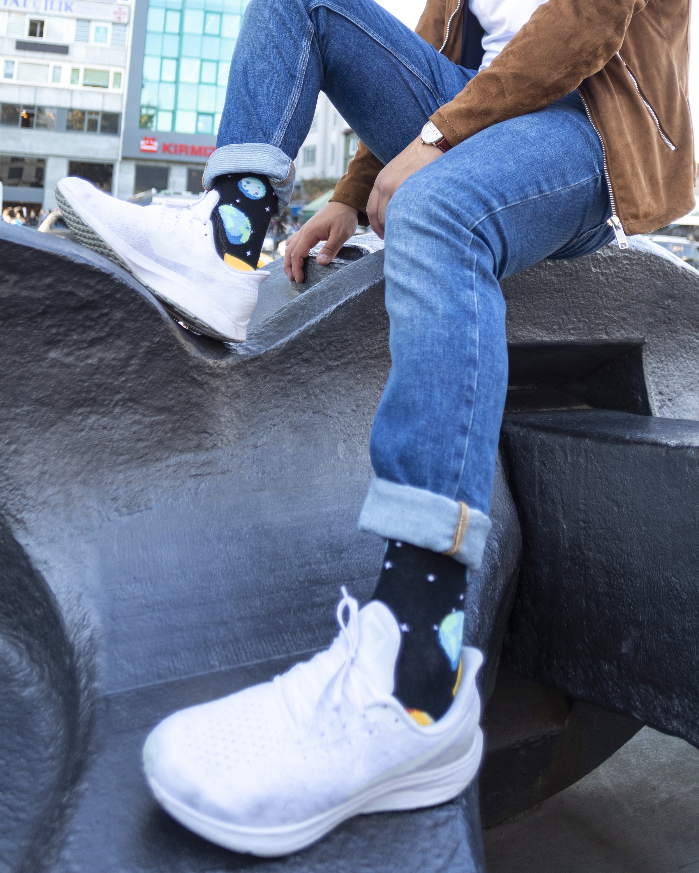 Men's Outer Space Socks featuring colorful designs and premium cotton material, perfect for adding style to any outfit.