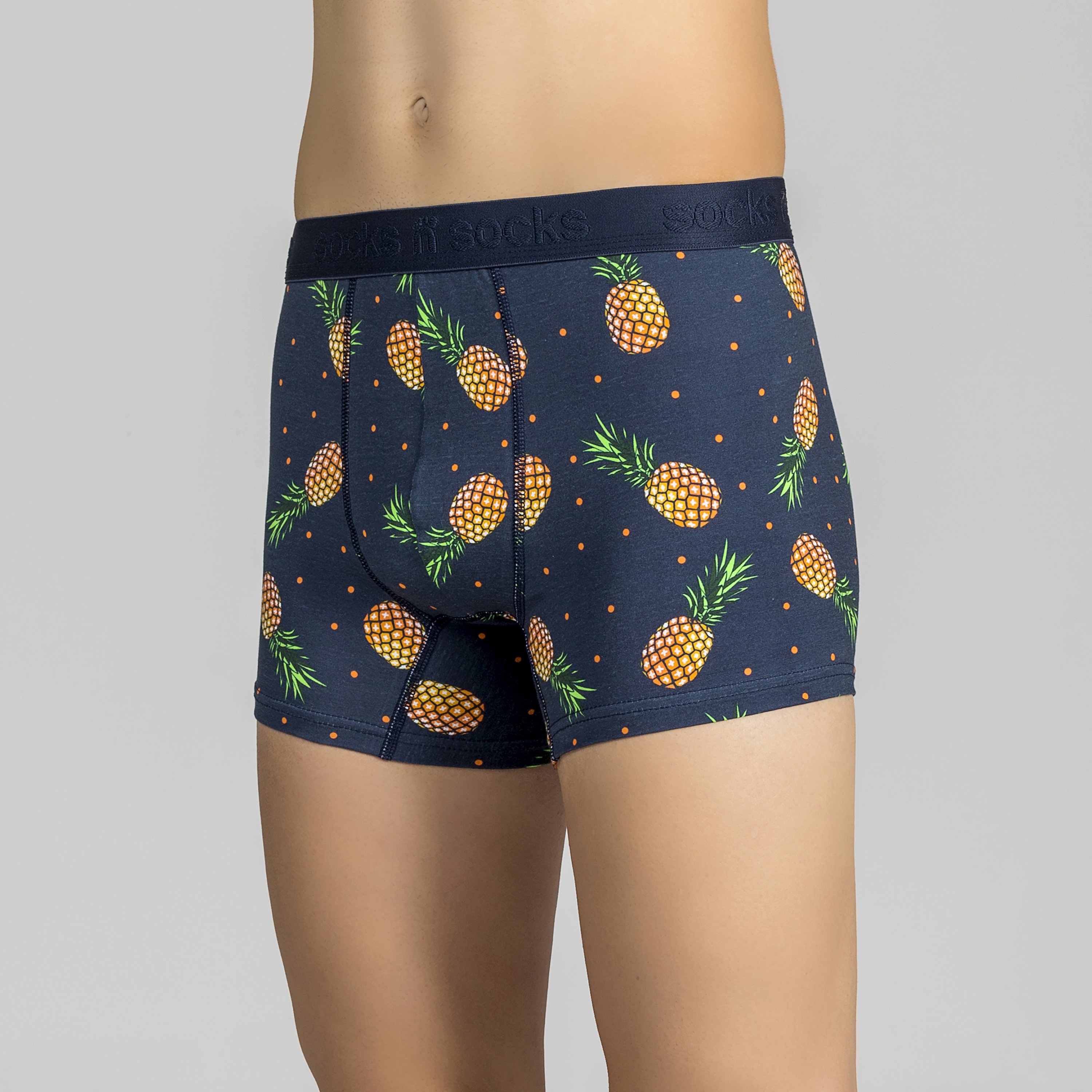 Men's Pineapple Boxer Briefs featuring vibrant pineapple designs, made from soft Viscose and Spandex for ultimate comfort.