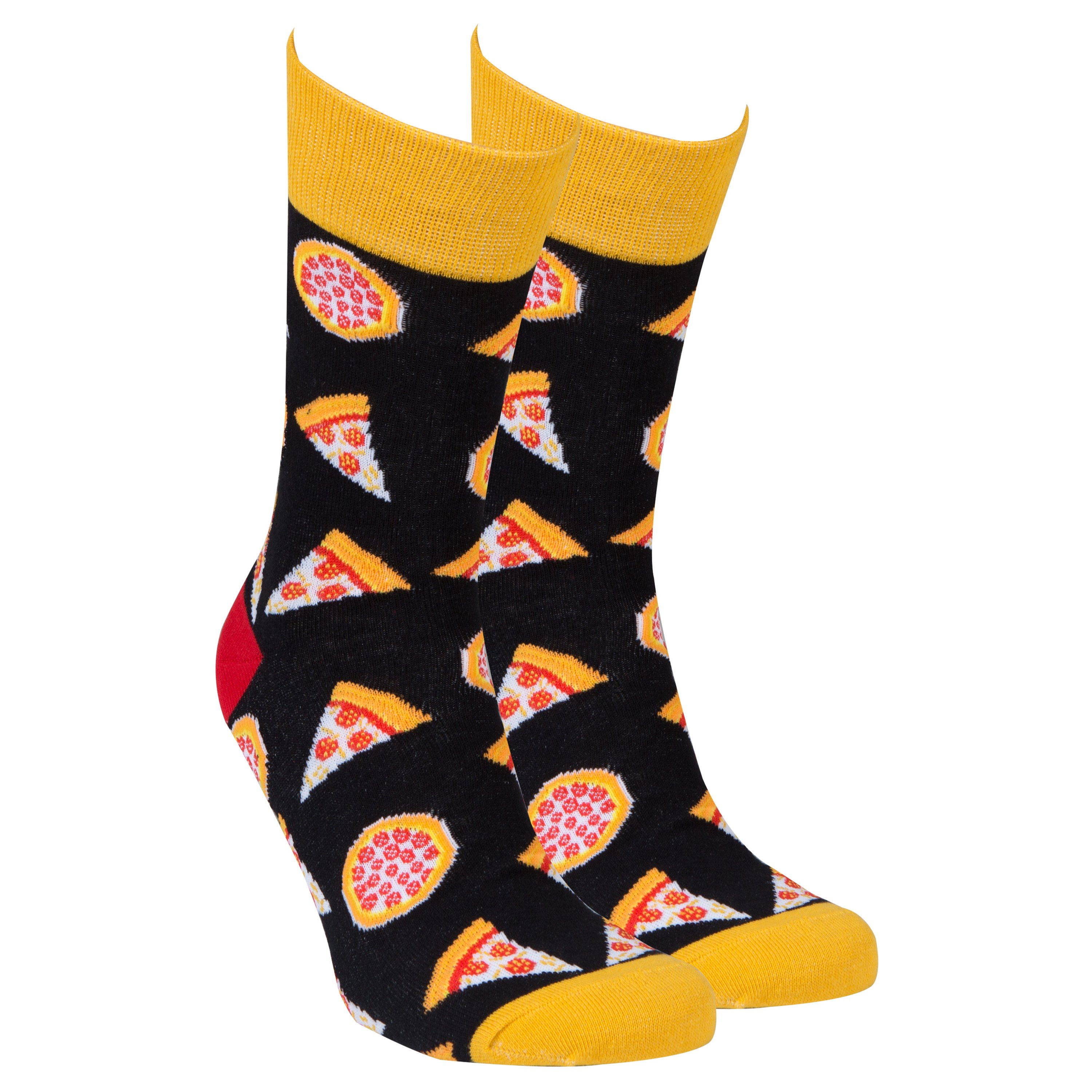 A pair of colorful men's socks featuring a fun pizza design, made from soft combed cotton.