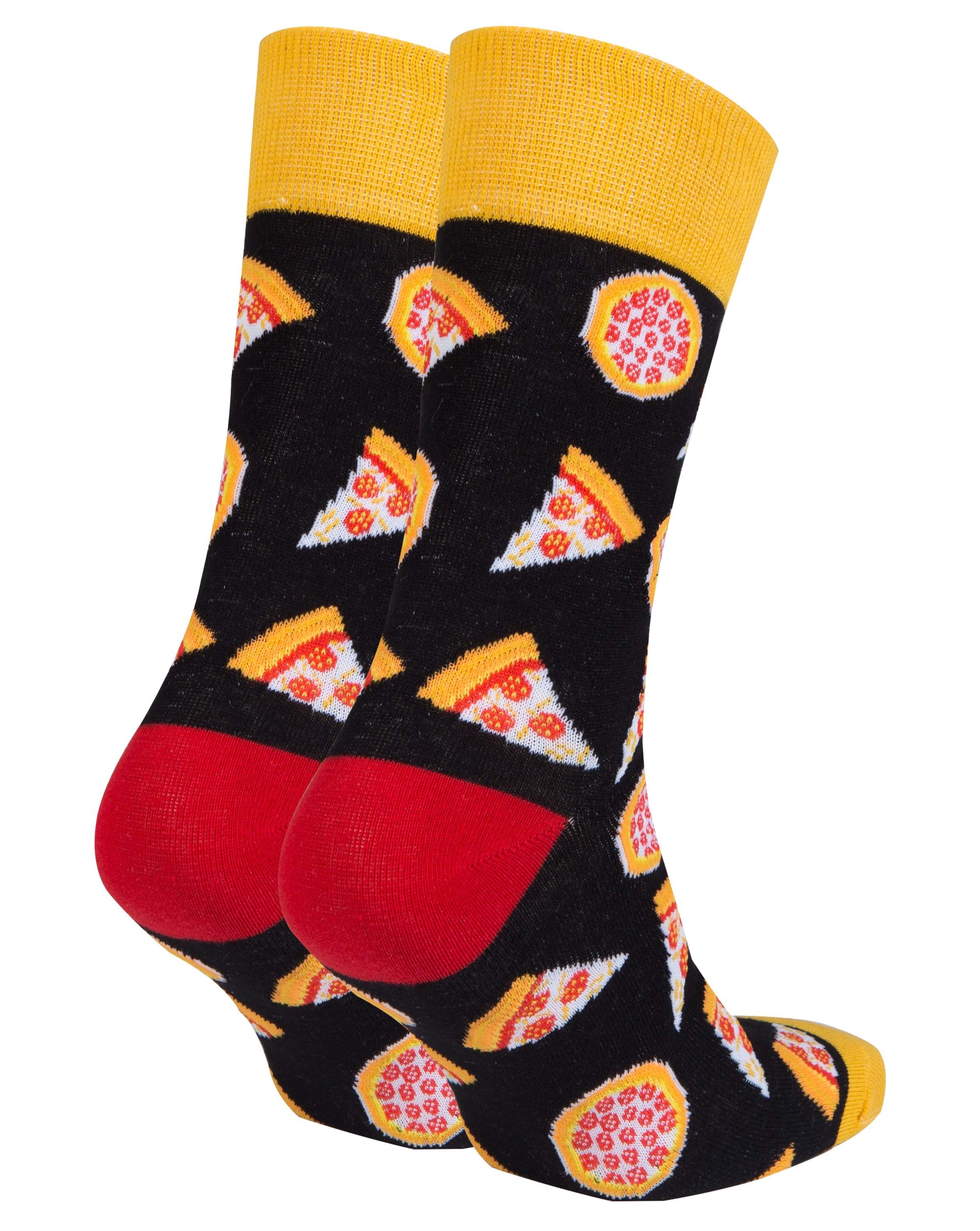 A pair of colorful men's socks featuring a fun pizza design, made from soft combed cotton.