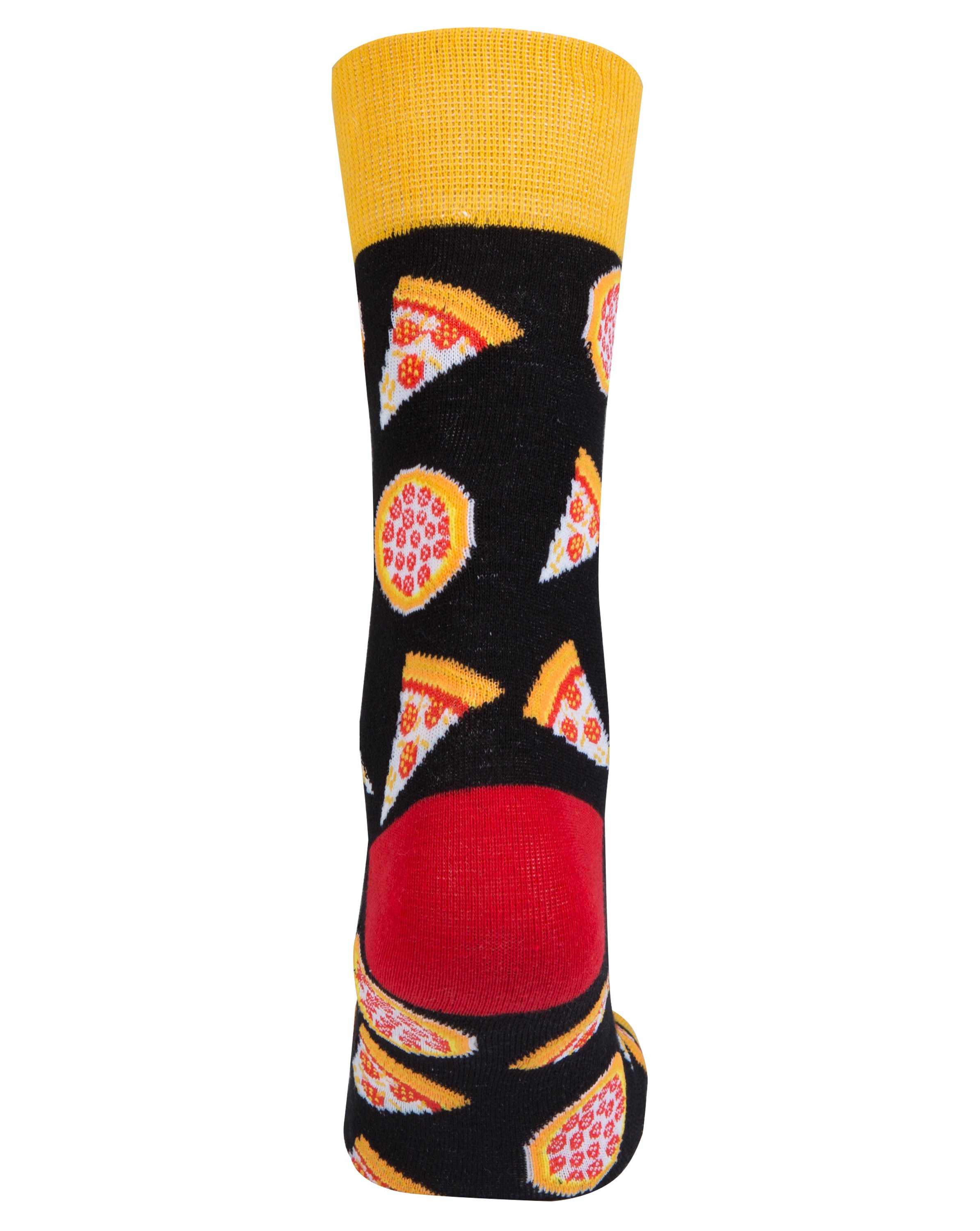 A pair of colorful men's socks featuring a fun pizza design, made from soft combed cotton.