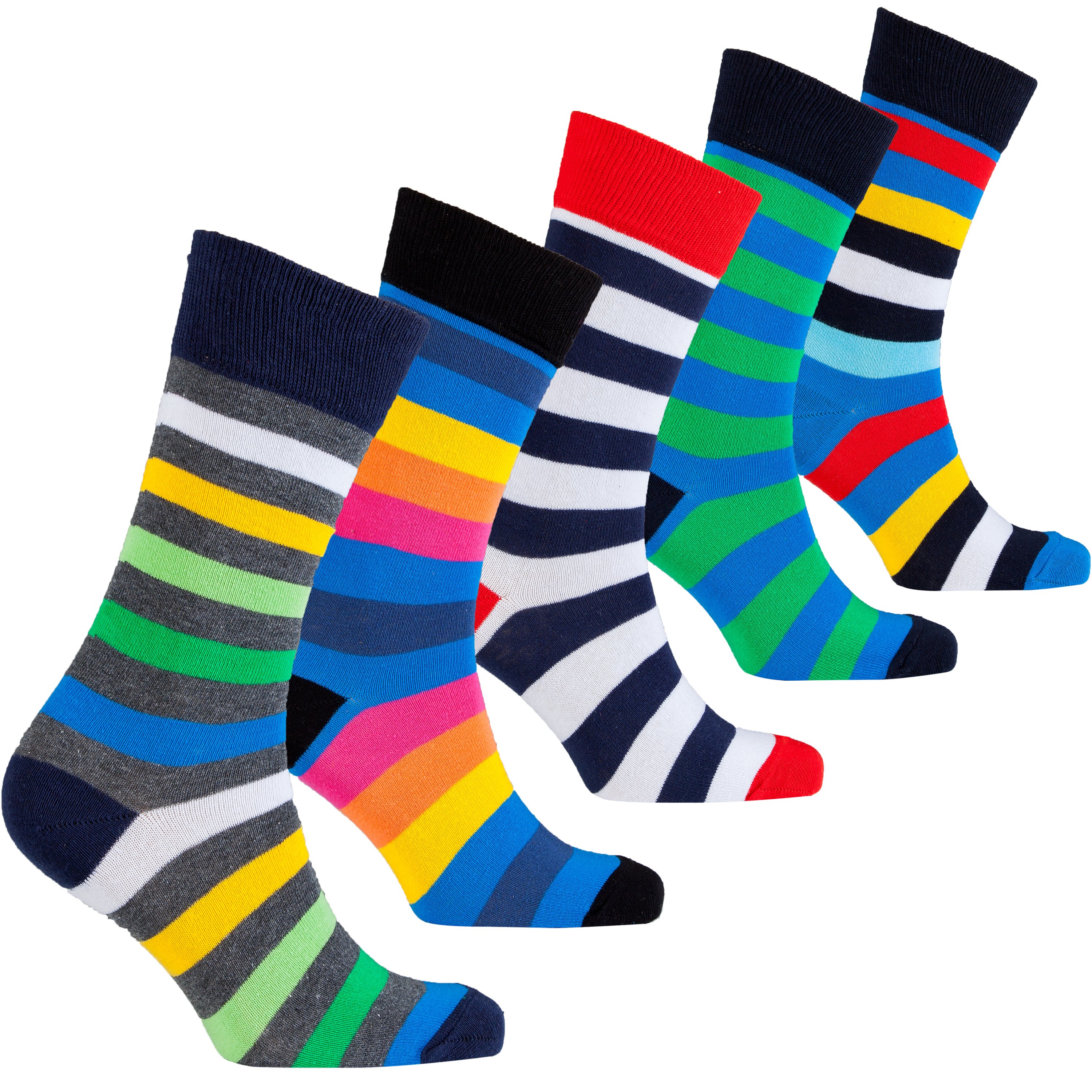 A collection of colorful men's striped socks displayed in a luxurious gift box, showcasing their trendy designs and premium quality.