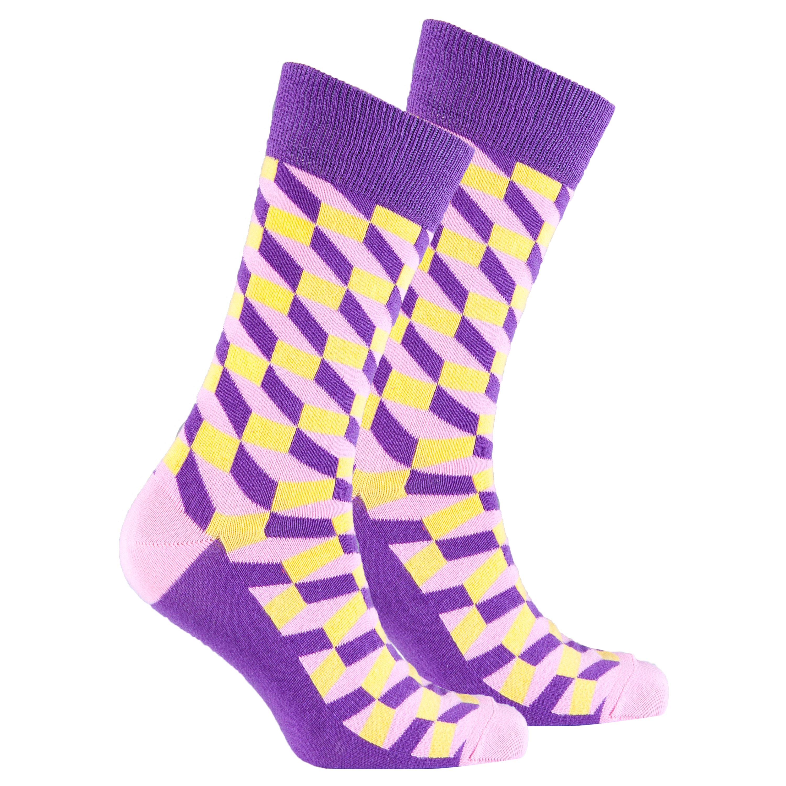 Men's Purple-Yellow Block Socks featuring a vibrant block pattern, made from soft Turkish cotton for comfort and style.