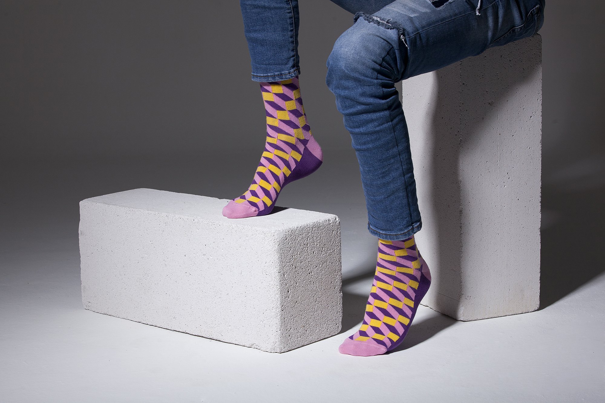 Men's Purple-Yellow Block Socks featuring a vibrant block pattern, made from soft Turkish cotton for comfort and style.