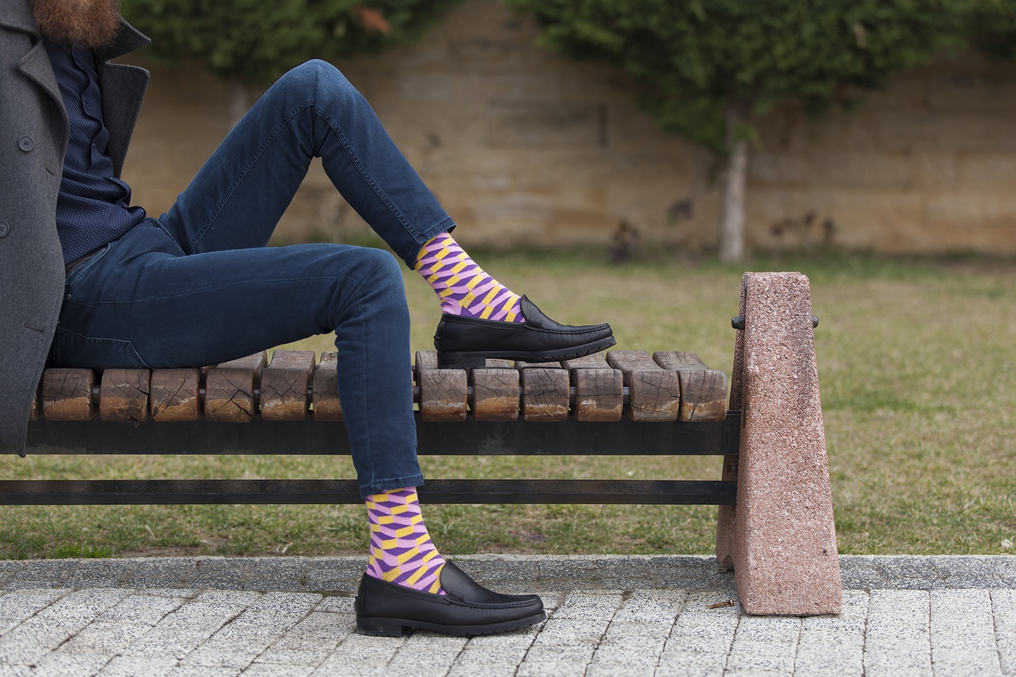 Men's Purple-Yellow Block Socks featuring a vibrant block pattern, made from soft Turkish cotton for comfort and style.