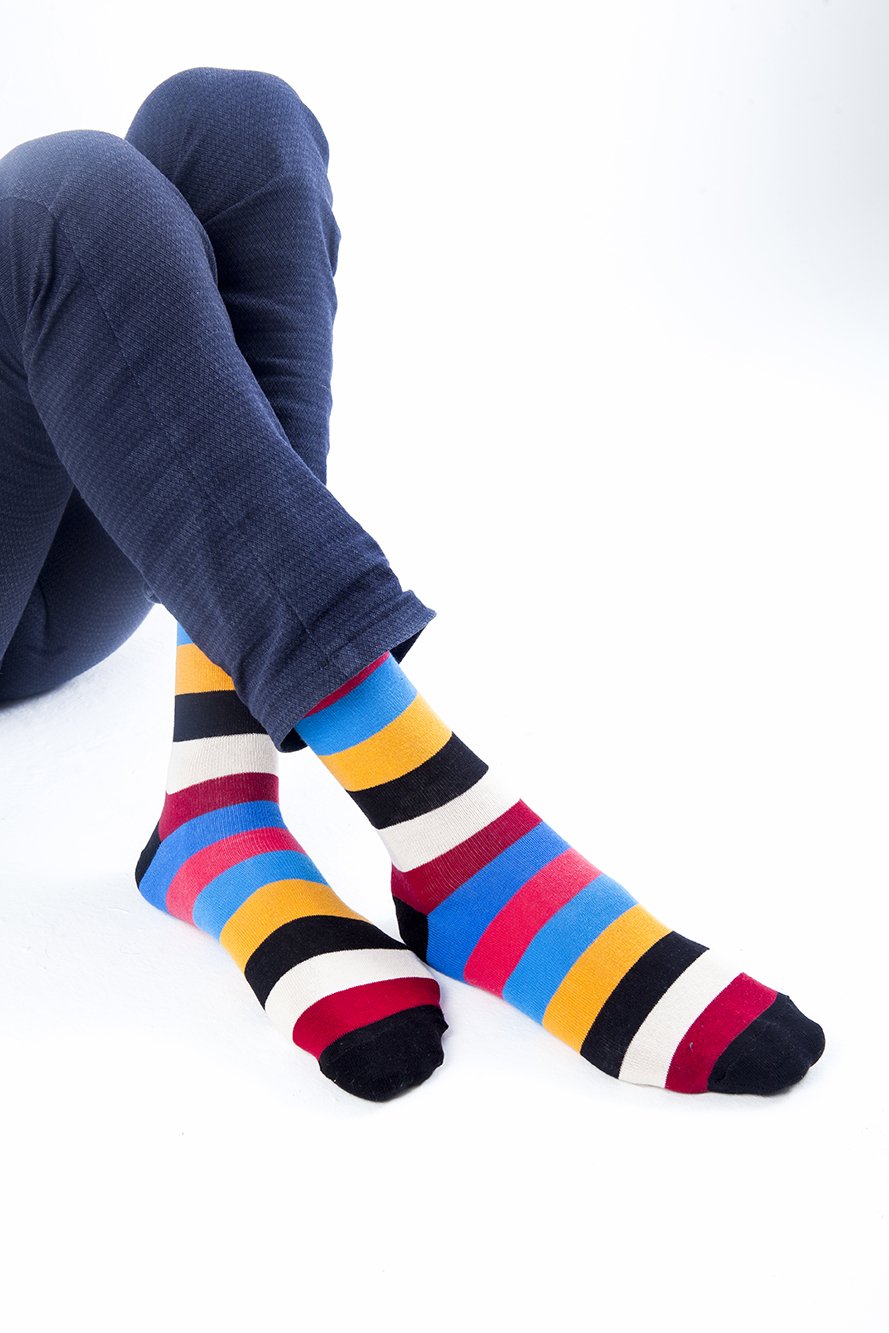 Men's Rainbow Stripes Socks featuring vibrant colors and patterns, made from soft Turkish cotton for comfort.