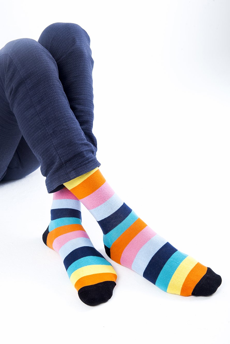 Men's Rainbow Stripes Socks featuring vibrant colors and patterns, made from soft Turkish cotton for comfort.