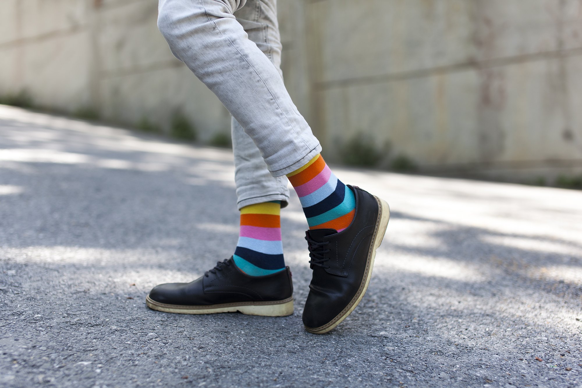 Men's Rainbow Stripes Socks featuring vibrant colors and patterns, made from soft Turkish cotton for comfort.