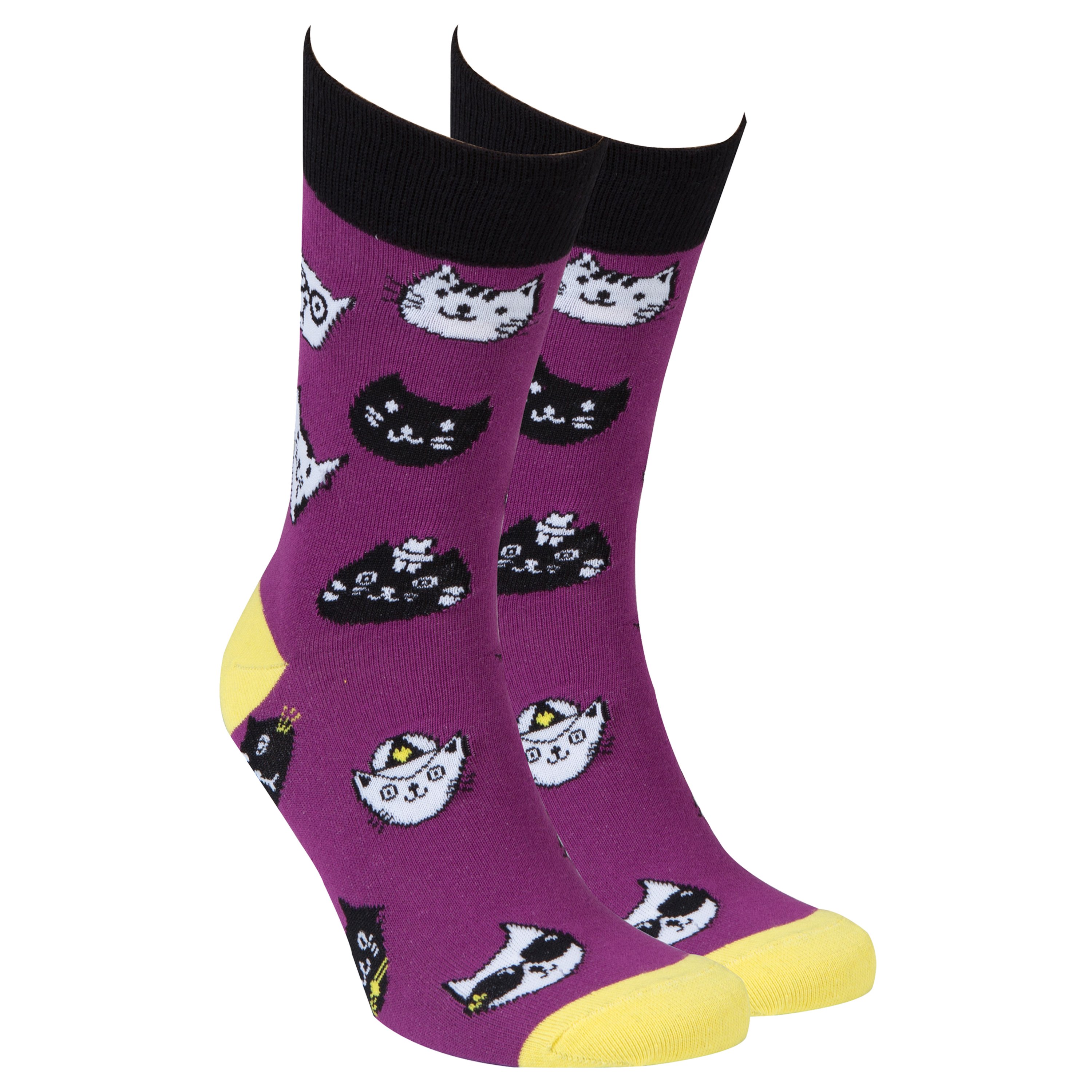 A pair of colorful men's socks featuring playful cat designs, made from soft combed cotton.