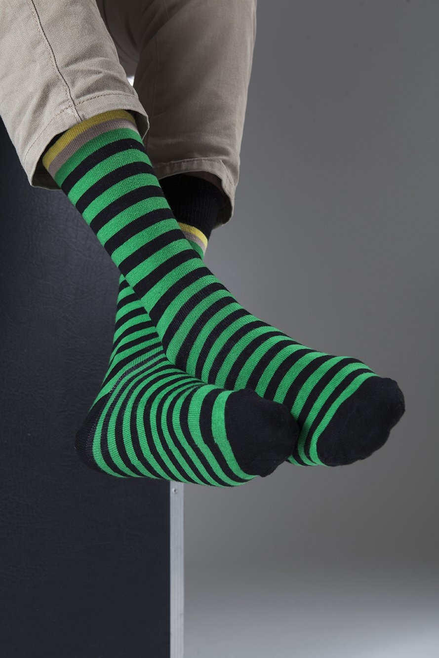 Men's Solid Green Stripe Socks featuring a vibrant green stripe design, made from soft Turkish cotton for comfort.