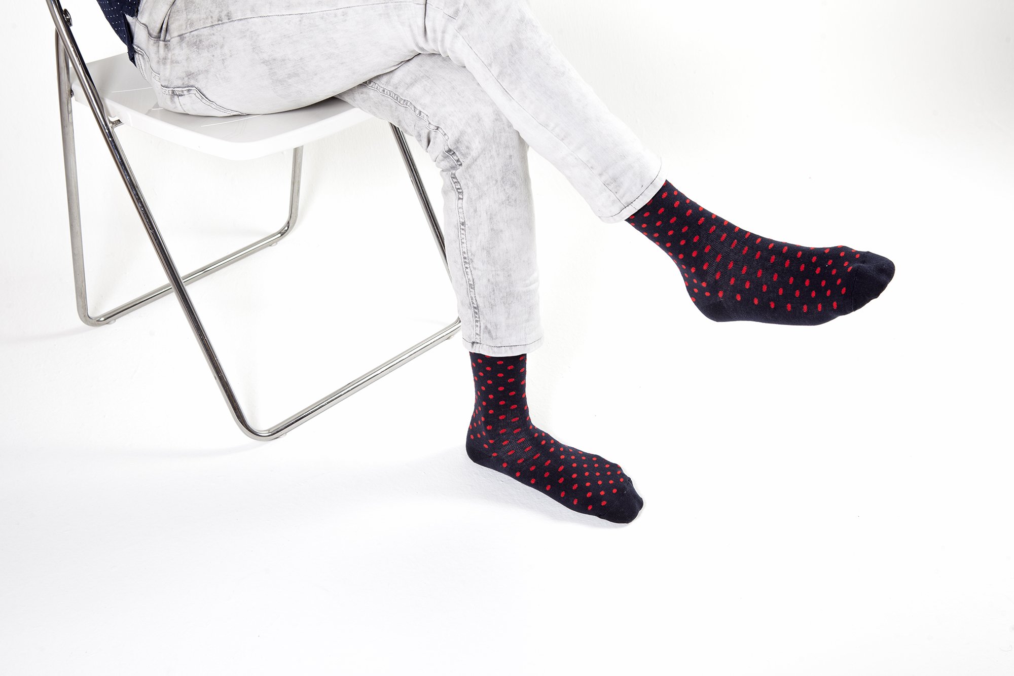 Men's Solid Navy Dot Socks featuring a trendy design with navy dots on a soft cotton blend fabric.