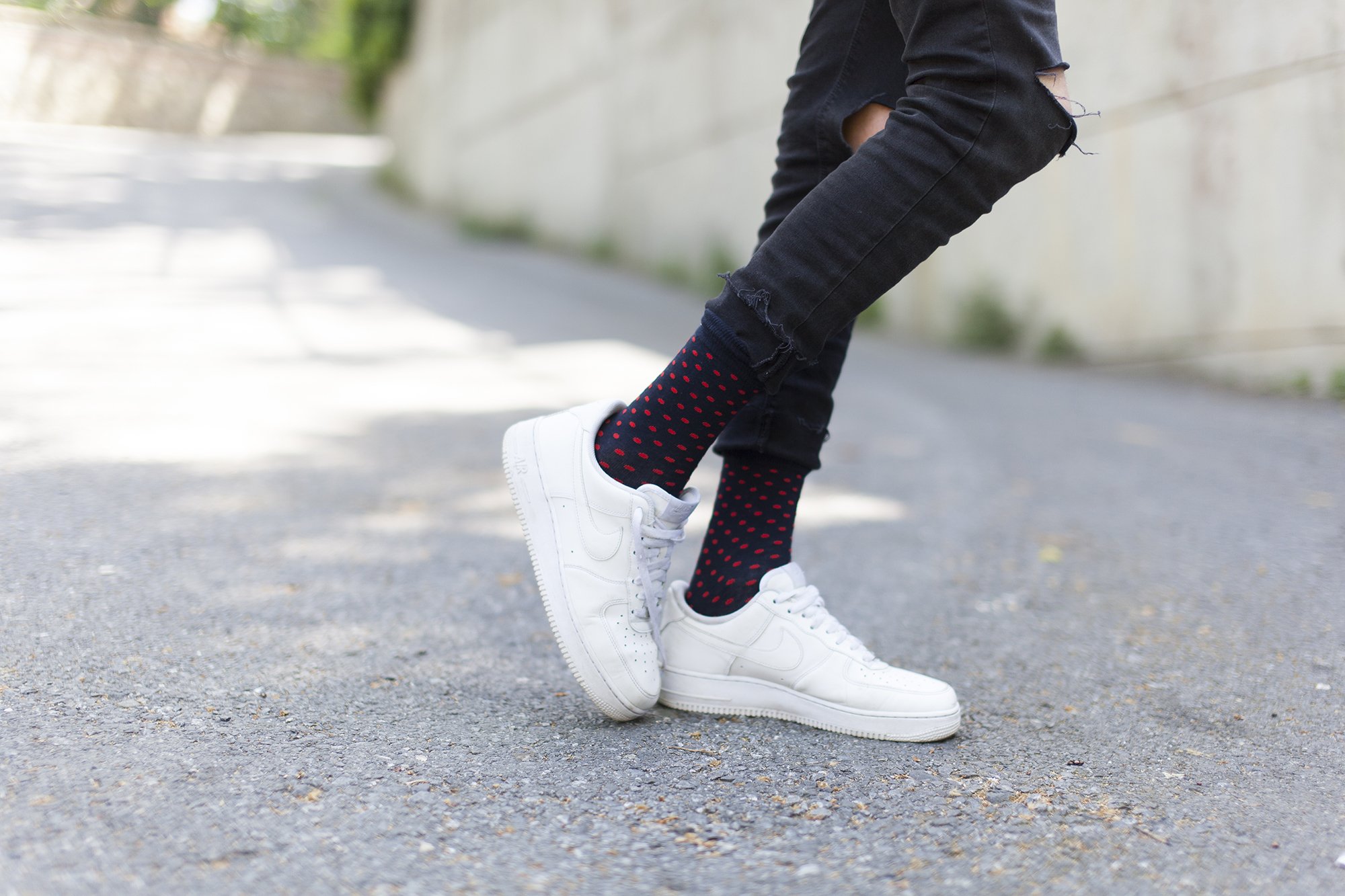 Men's Solid Navy Dot Socks featuring a trendy design with navy dots on a soft cotton blend fabric.