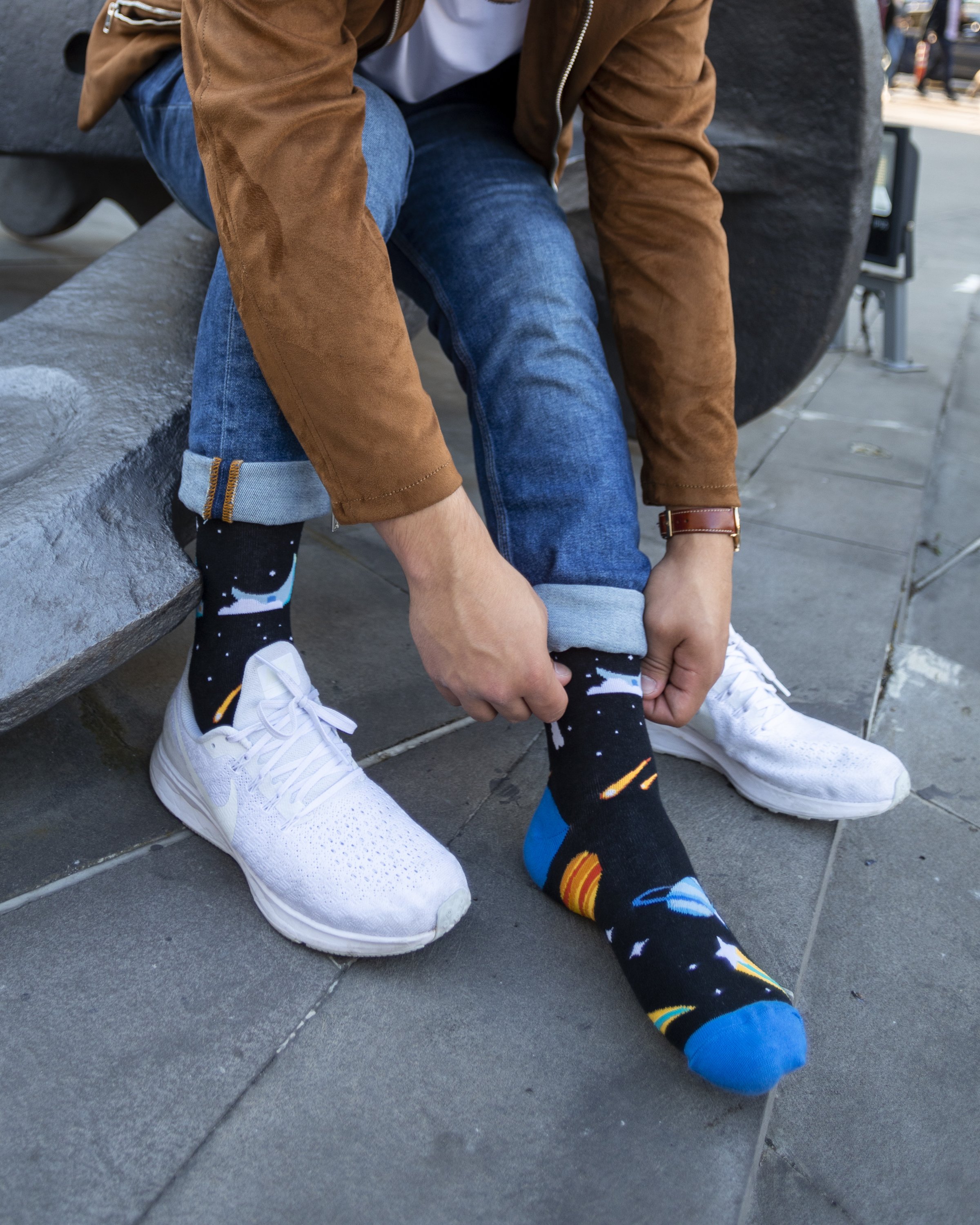 Men's Space Socks featuring colorful designs and premium cotton material, perfect for adding style to any outfit.