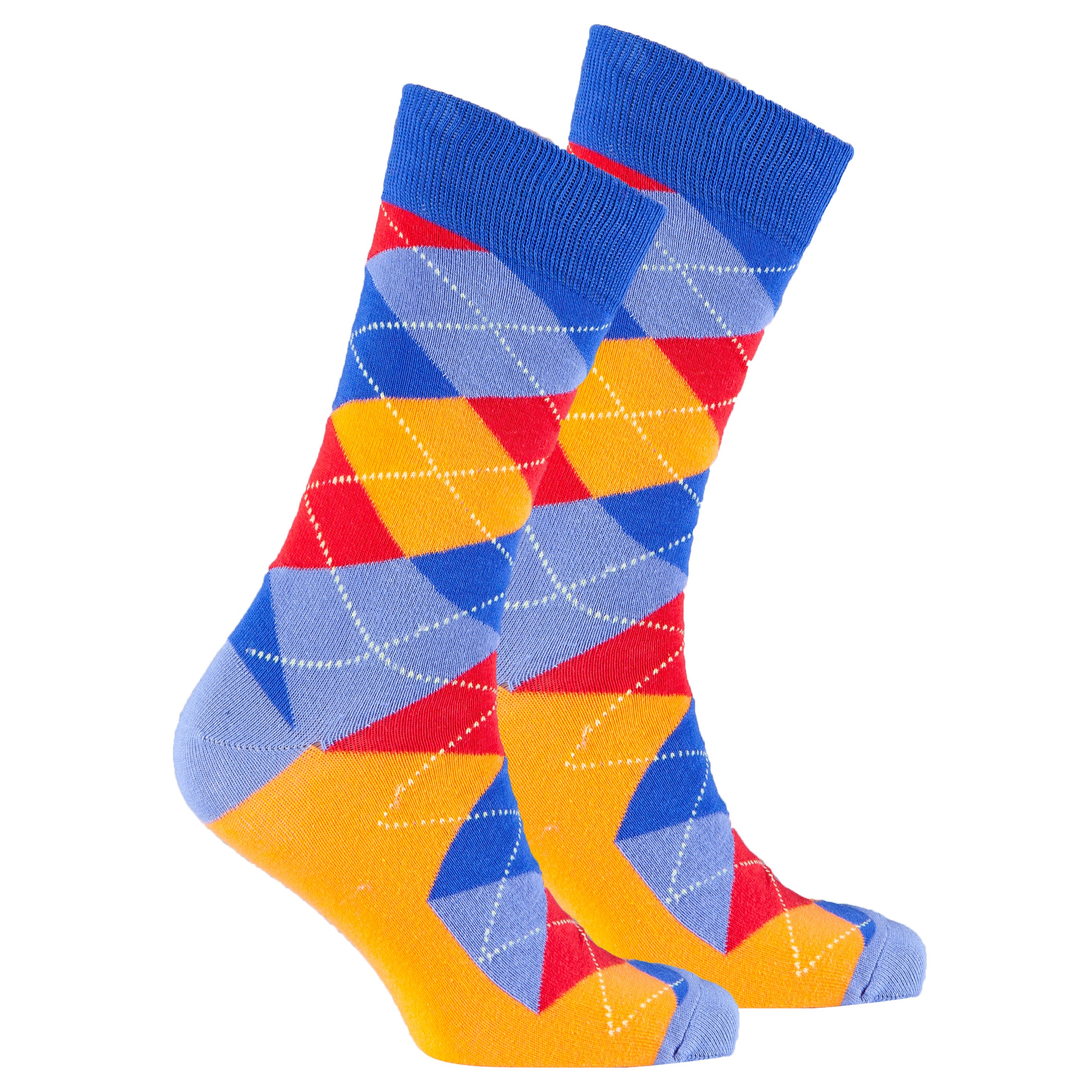 Men's Tangerine Argyle Socks featuring a vibrant orange and blue pattern, perfect for adding a stylish touch to any outfit.