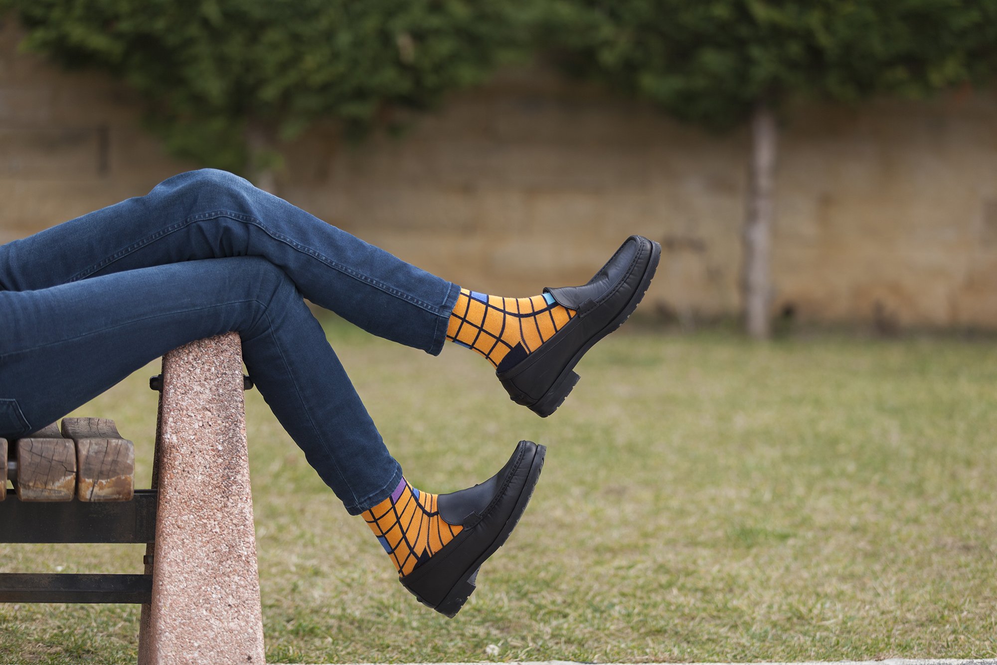 Men's Tangerine Square Socks featuring a vibrant square pattern, made from soft Turkish cotton for comfort and style.