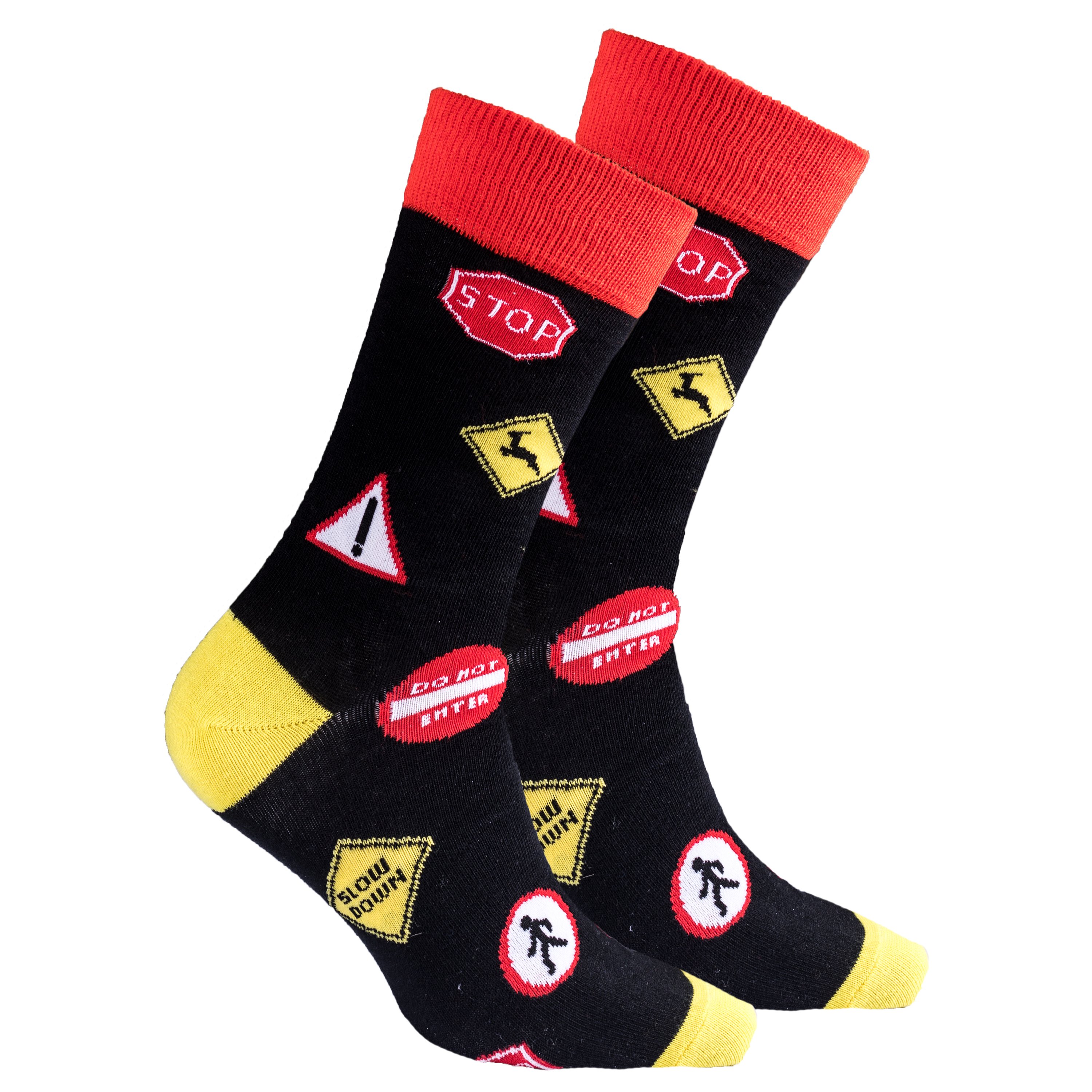 Colorful Men's Traffic Signs Socks featuring playful traffic sign patterns, made from soft Turkish cotton for comfort.