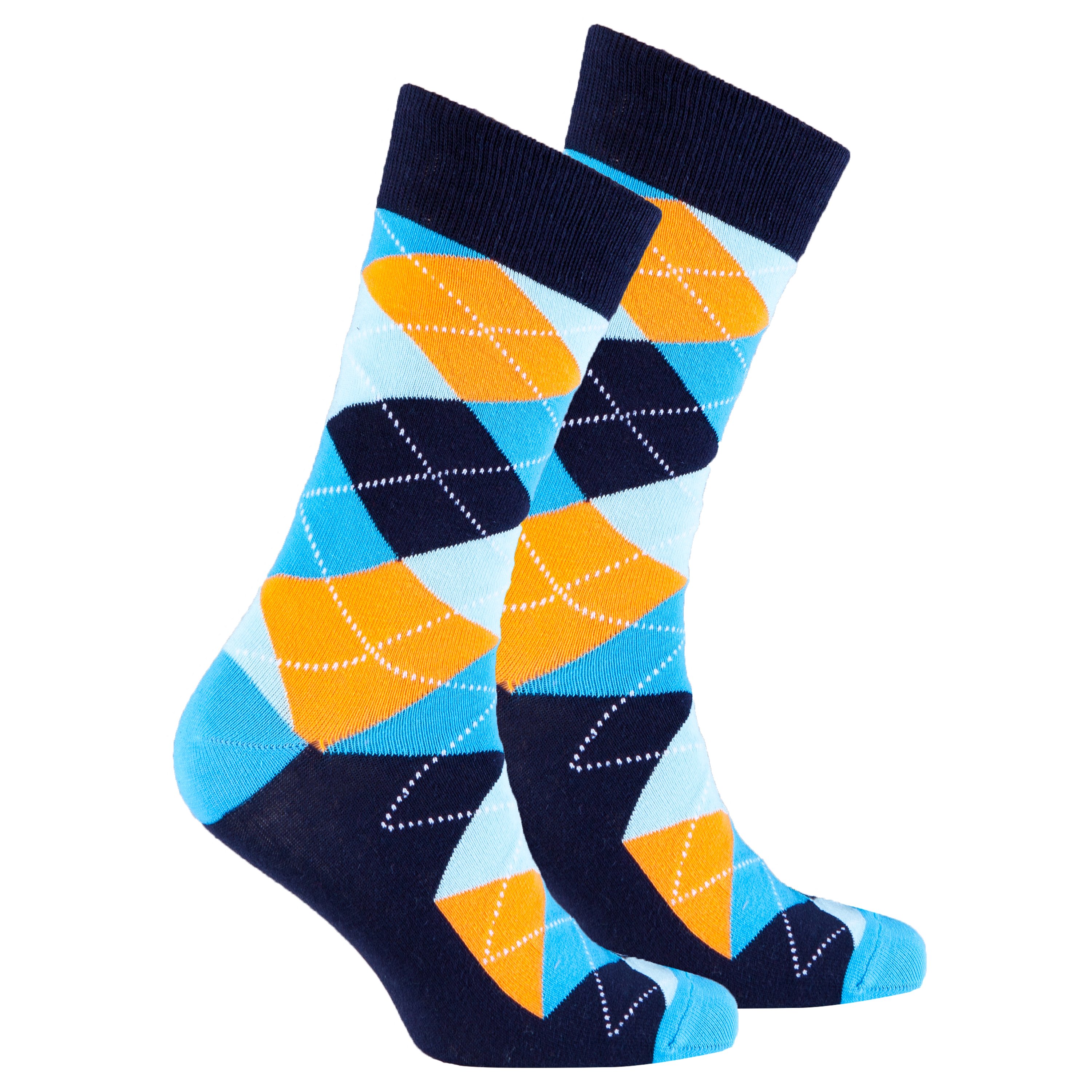 Men's Vibrant Sky Argyle Socks featuring colorful patterns and premium cotton material.