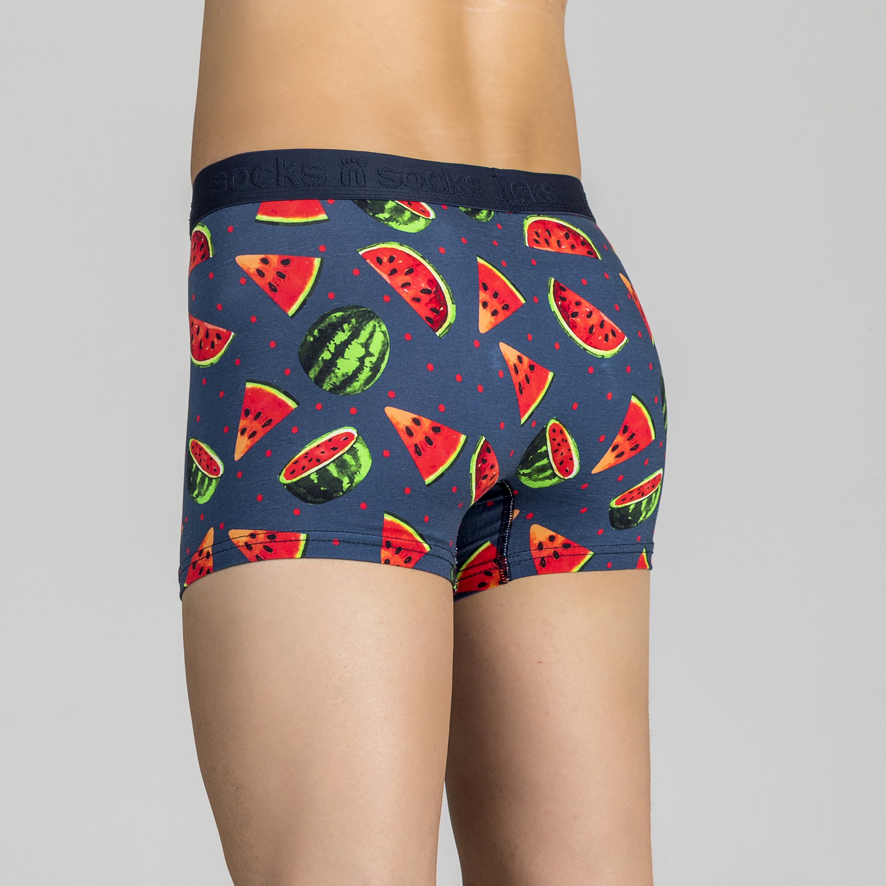 Men's Watermelon Boxer Briefs featuring a vibrant watermelon design, made from a comfortable Viscose and Spandex blend.