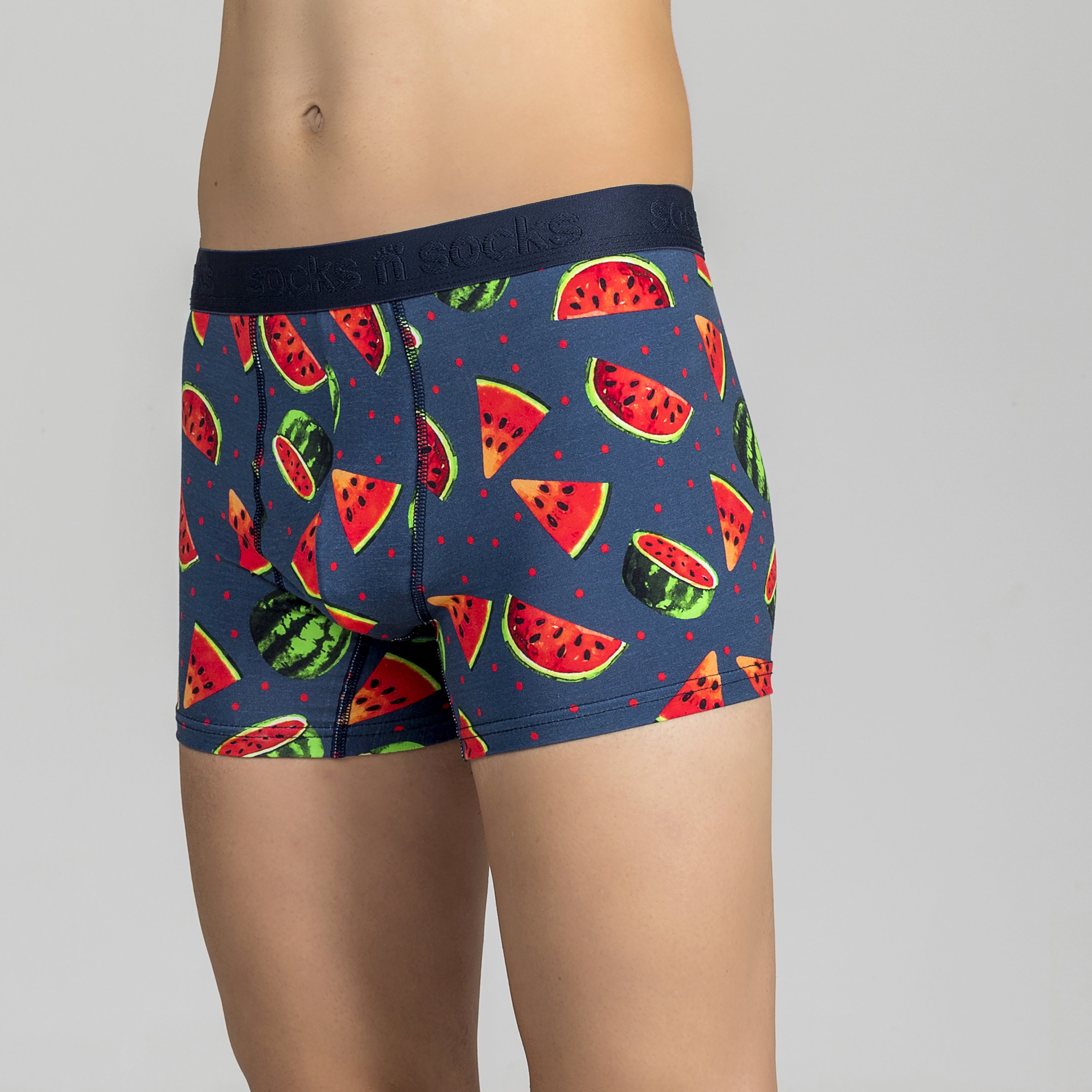 Men's Watermelon Boxer Briefs featuring a vibrant watermelon design, made from a comfortable Viscose and Spandex blend.