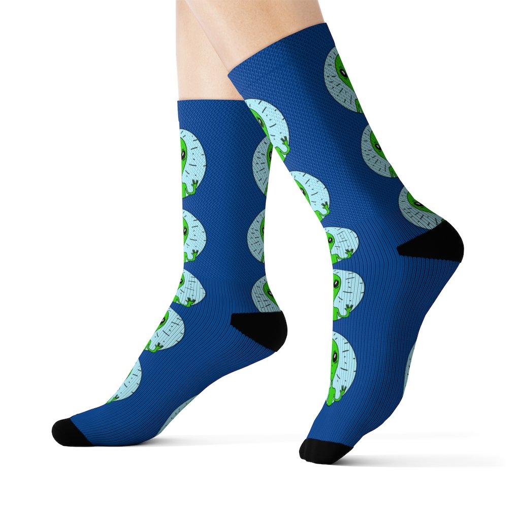 Men's Weird Alien Socks featuring a colorful alien print, designed for comfort and style.