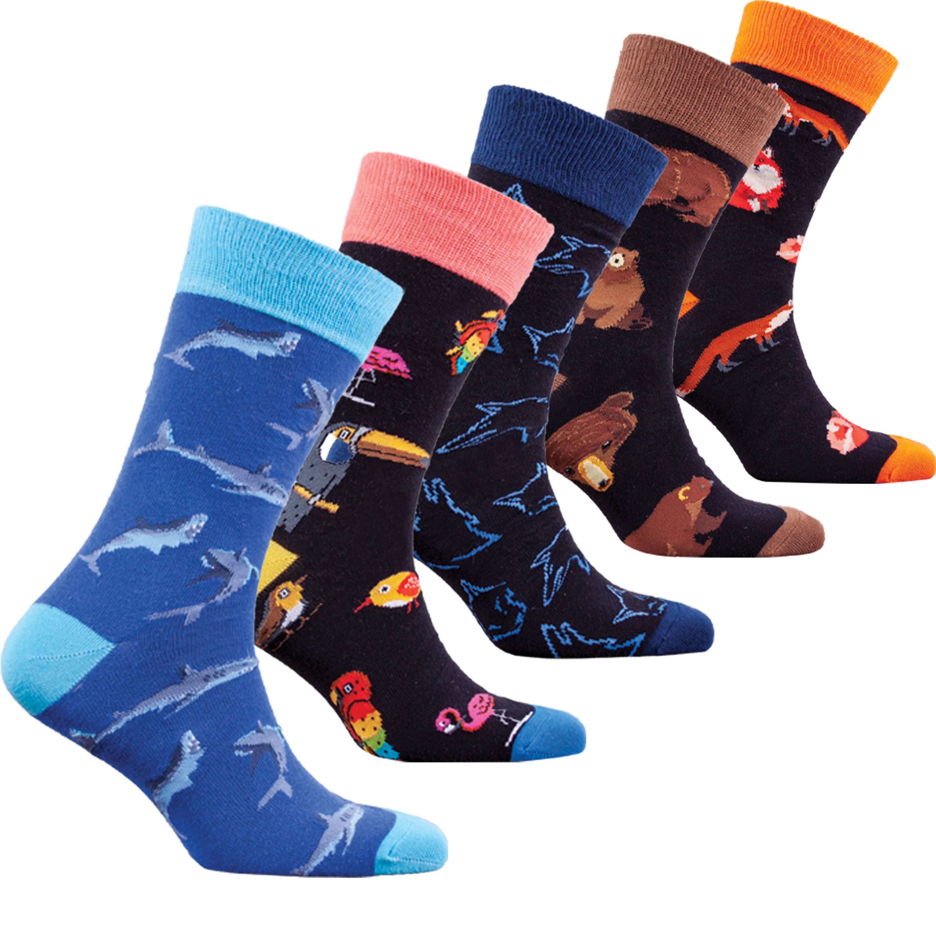 Men's Wild Animals Socks featuring colorful animal designs, made from soft Turkish cotton for comfort and style.