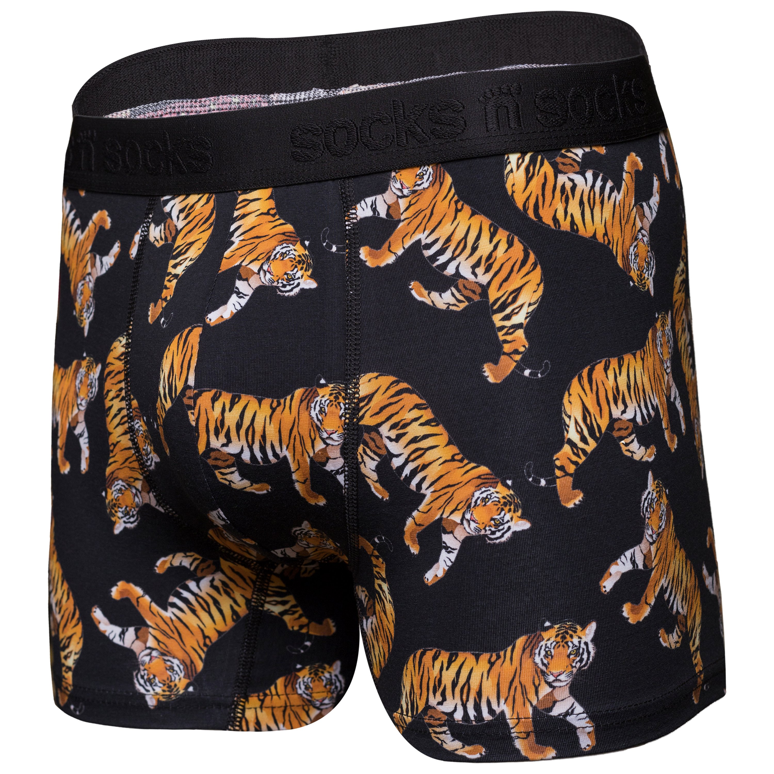 Men's Wild Tiger Boxer Briefs featuring vibrant and funky designs, made from a comfortable Viscose and Spandex blend.