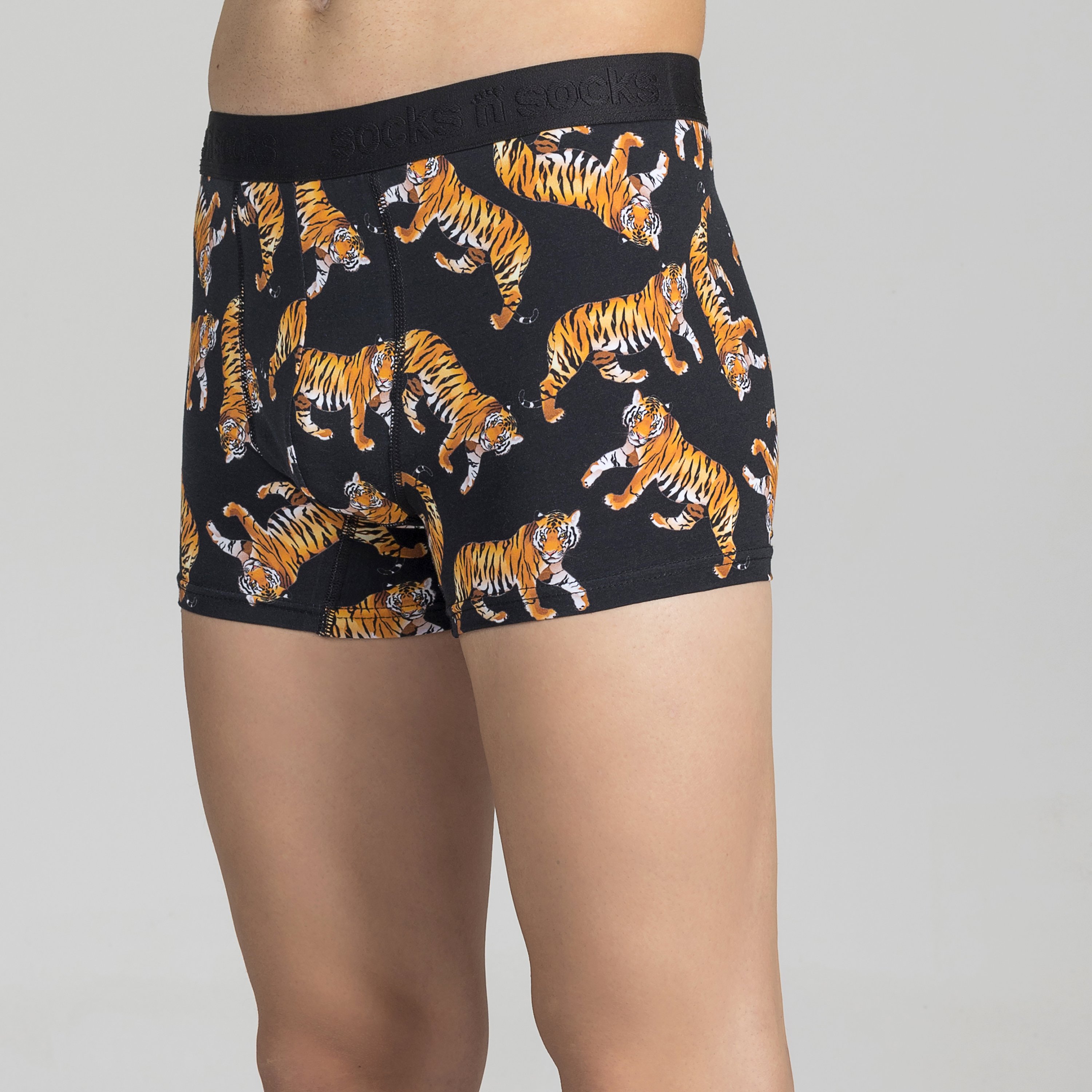 Men's Wild Tiger Boxer Briefs featuring vibrant and funky designs, made from a comfortable Viscose and Spandex blend.