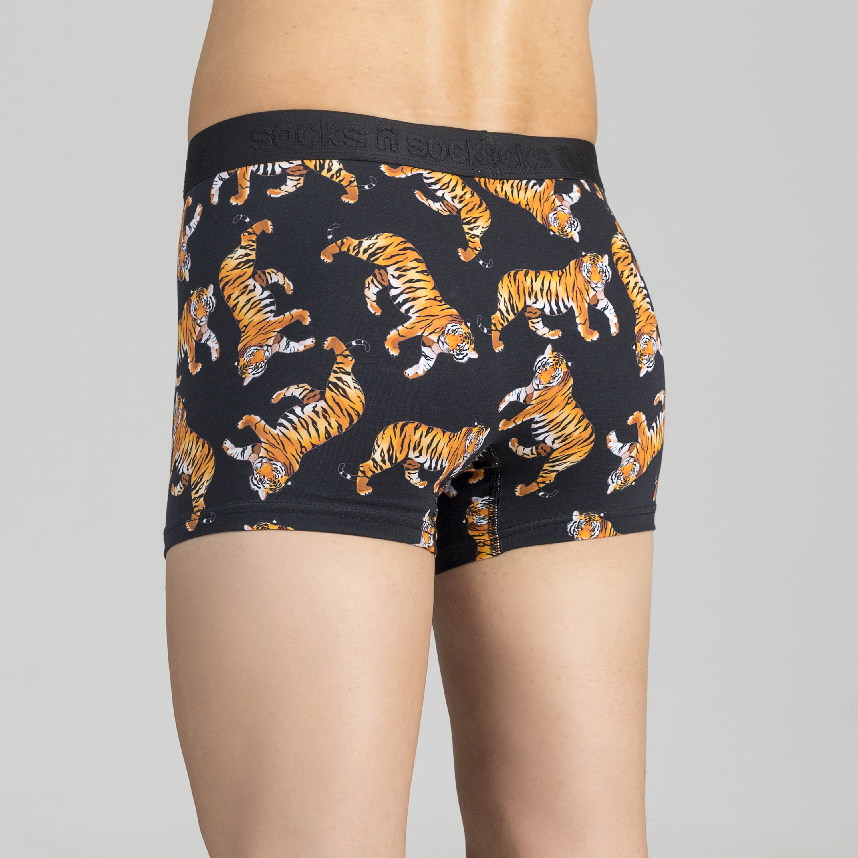 Men's Wild Tiger Boxer Briefs featuring vibrant and funky designs, made from a comfortable Viscose and Spandex blend.