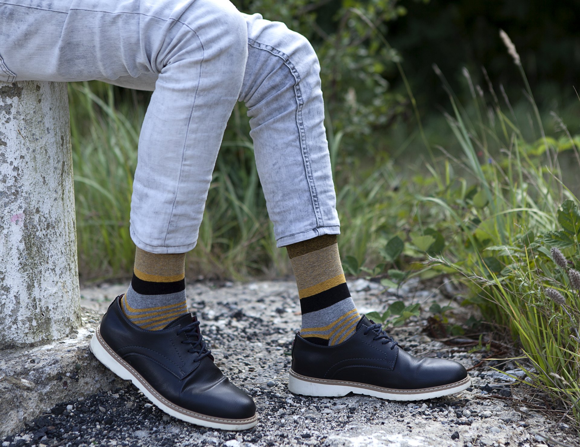 Men's Yellow Coal Stripe Socks featuring vibrant yellow and black stripes, made from soft Turkish cotton for comfort and style.