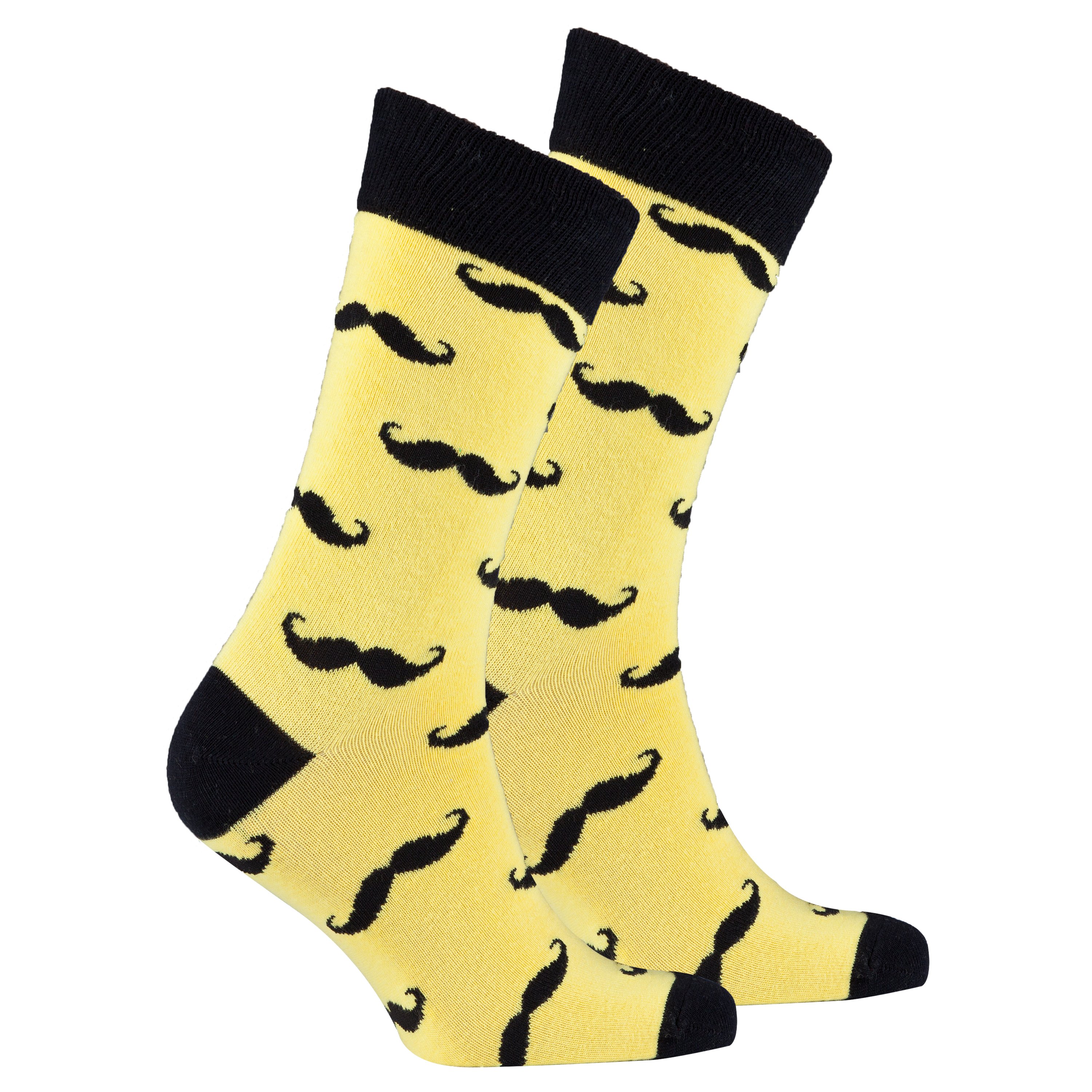 Men's Yellow Mustache Socks featuring a vibrant yellow color and playful mustache design, perfect for adding a fun touch to any outfit.