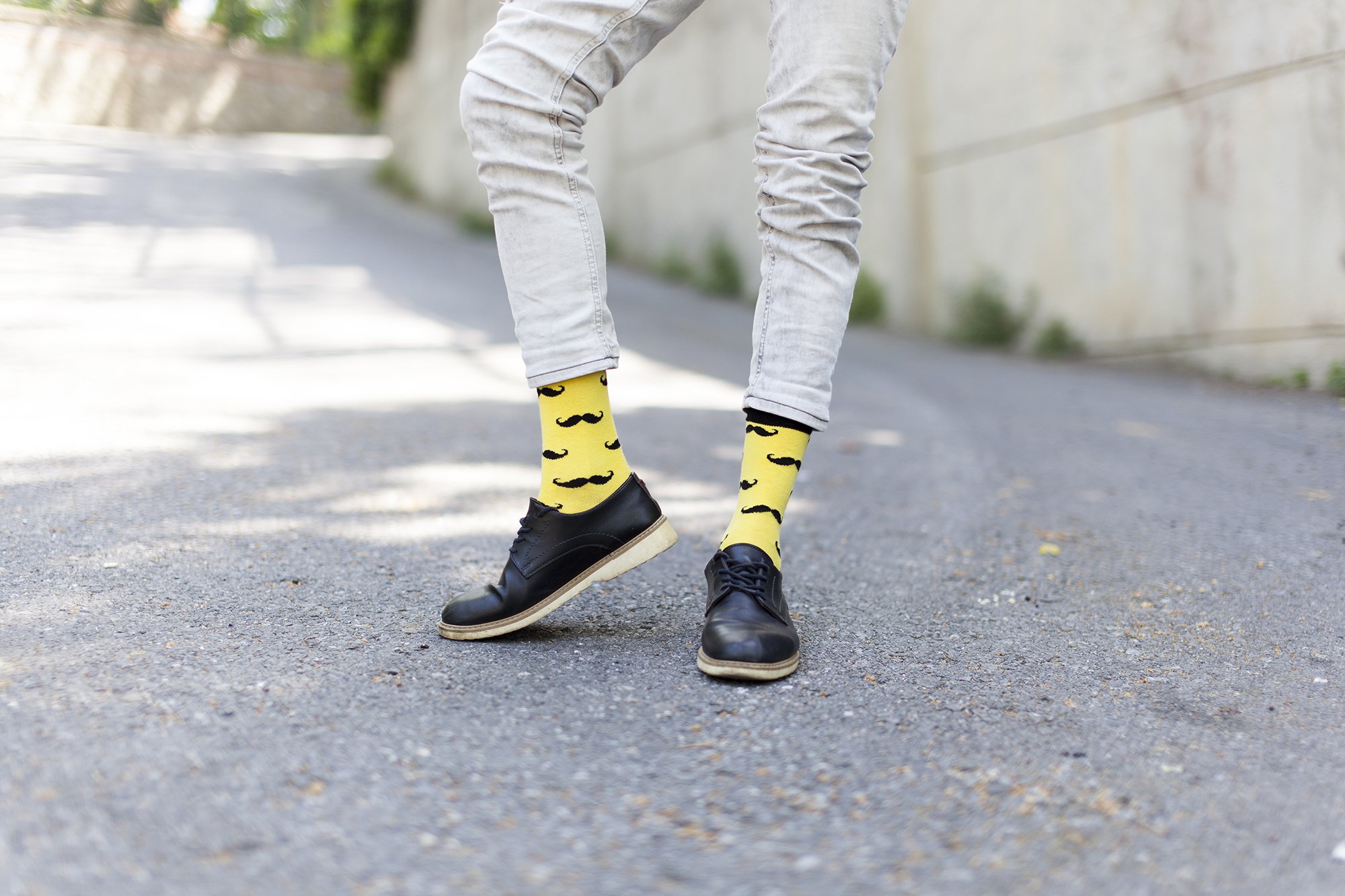 Men's Yellow Mustache Socks featuring a vibrant yellow color and playful mustache design, perfect for adding a fun touch to any outfit.