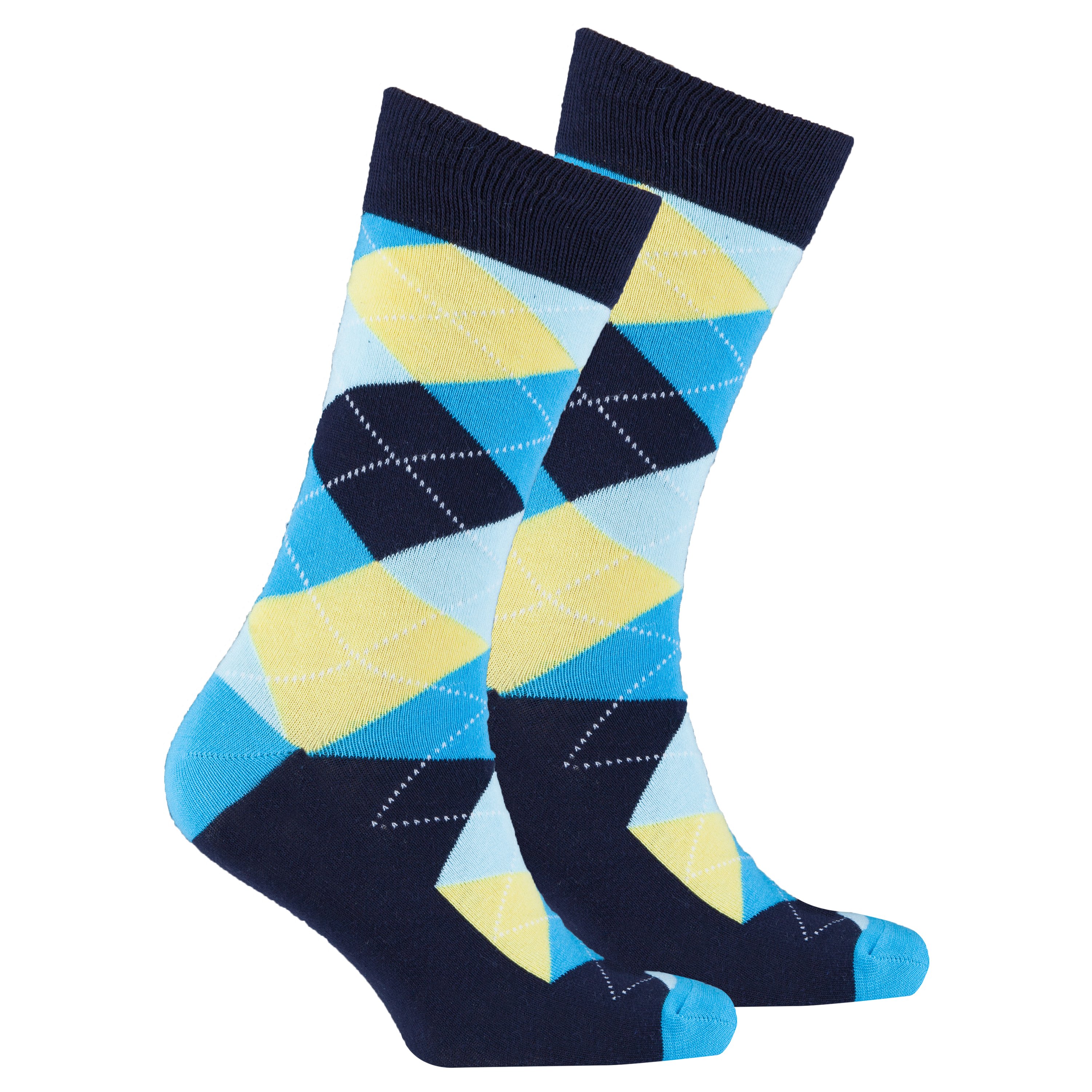 Men's Yellow Sky Argyle Socks featuring a vibrant yellow and blue pattern, perfect for adding a stylish touch to any outfit.