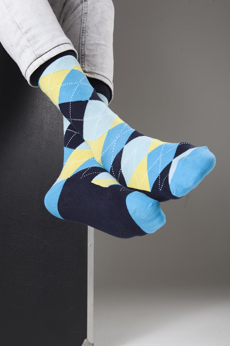 Men's Yellow Sky Argyle Socks featuring a vibrant yellow and blue pattern, perfect for adding a stylish touch to any outfit.