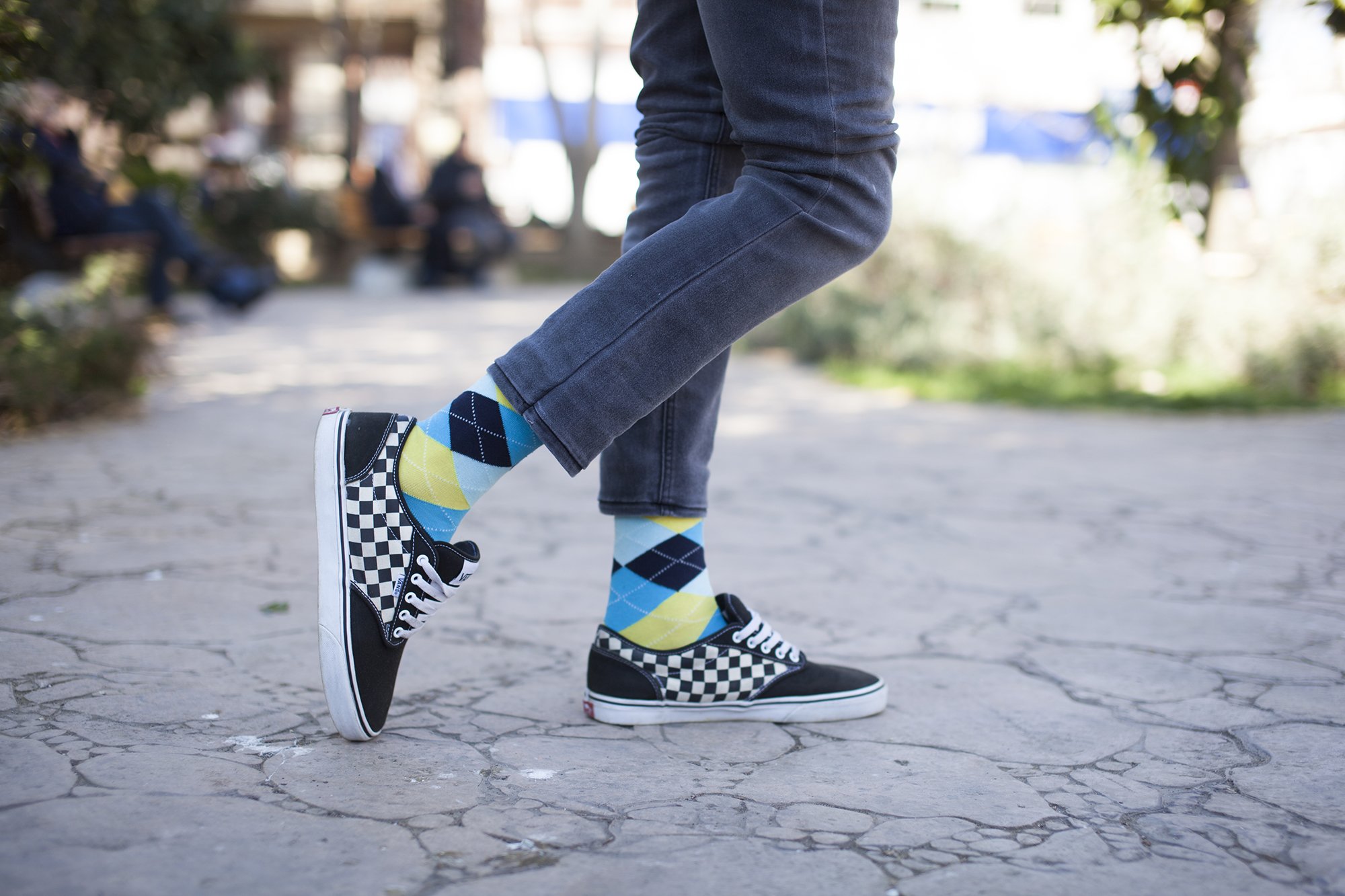 Men's Yellow Sky Argyle Socks featuring a vibrant yellow and blue pattern, perfect for adding a stylish touch to any outfit.